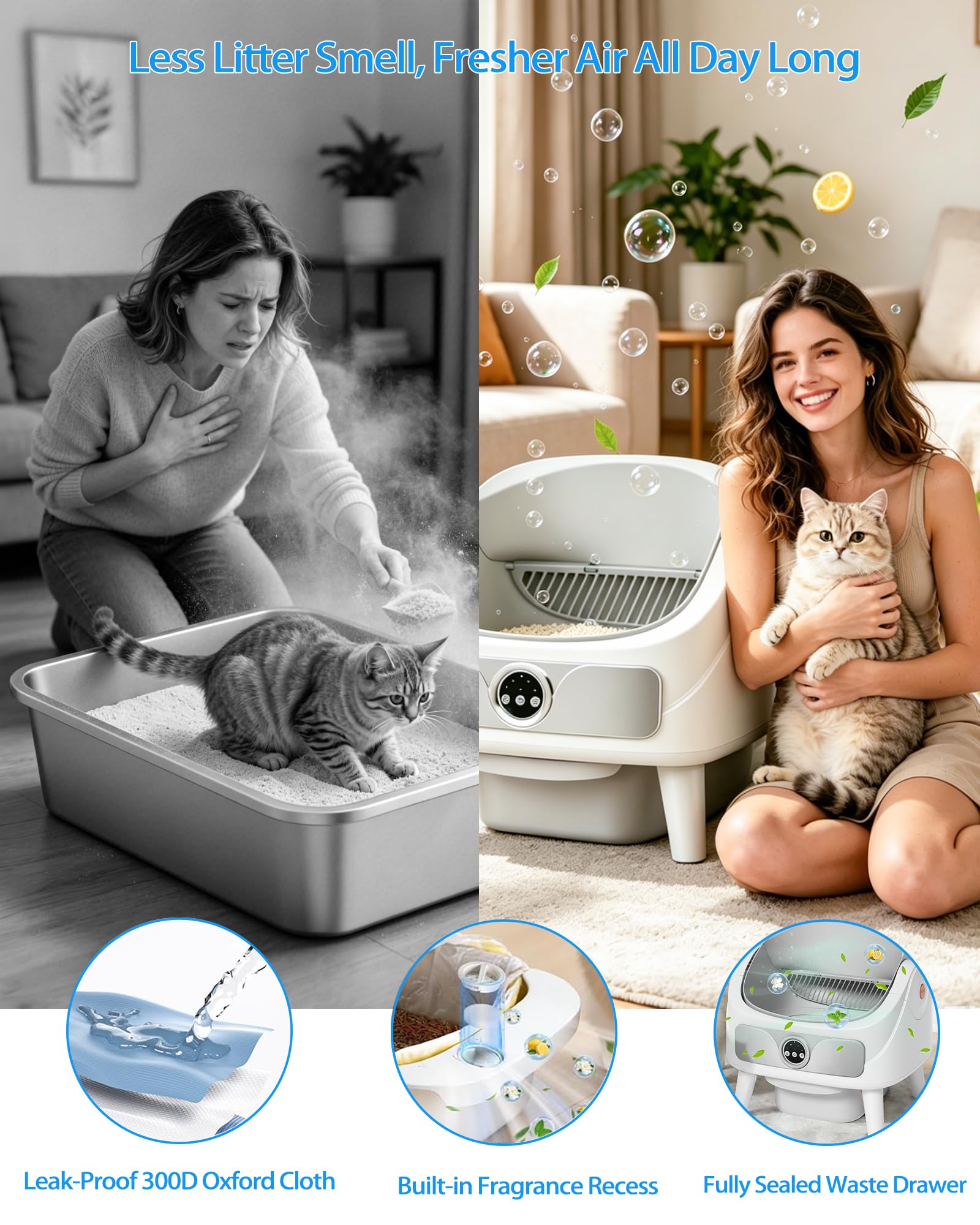 Arenero Gatos Autolimpiable, XXL, App, Limpieza rápida, Higiénico, Seguro | Caixa de Areia para Gatos Automatico, Capacidad Grande, Anti-Fugas, Eliminar Olores, ABS, Duradero, Ligero, para Varios Gato
