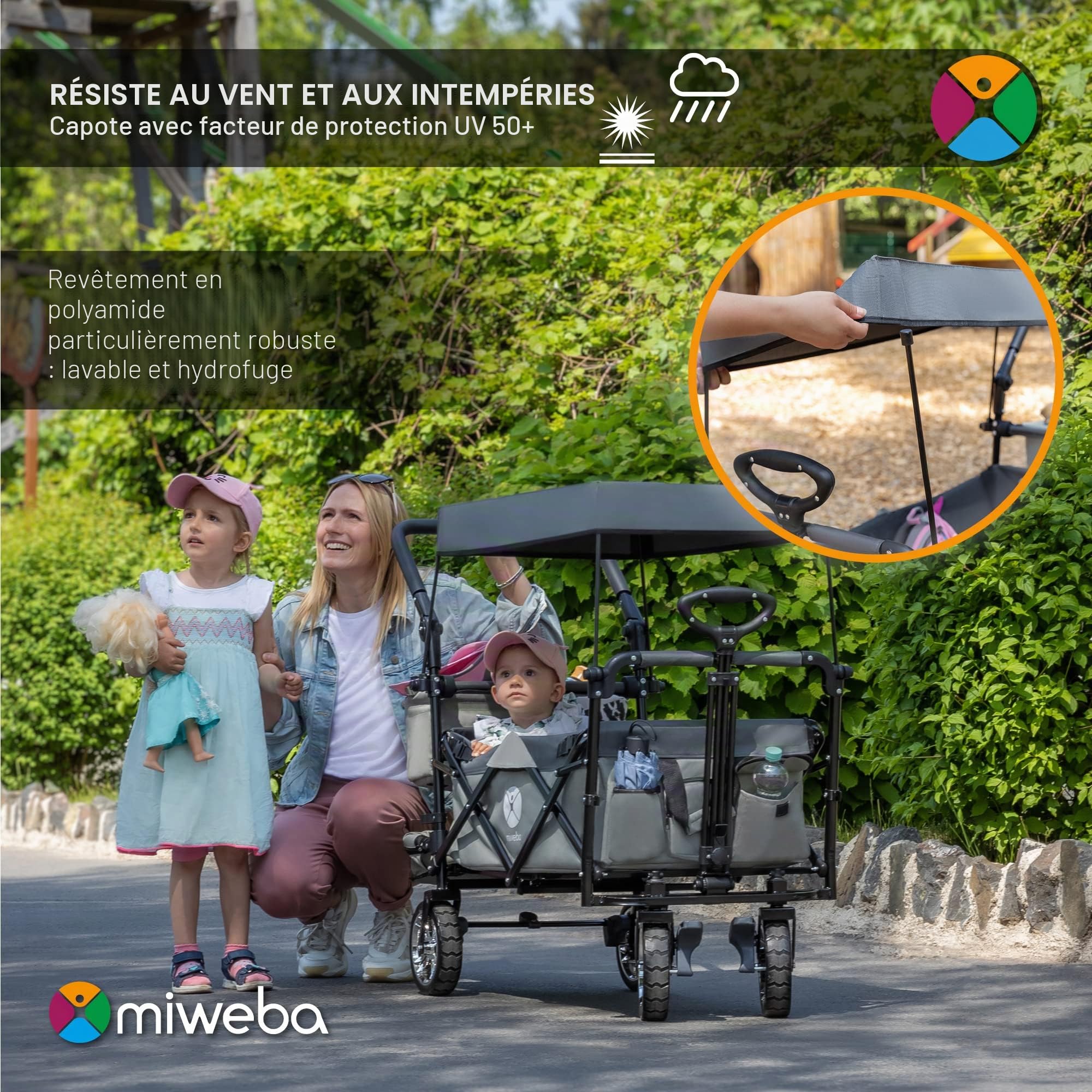 Miweba Chariot pour Enfants MB-20 - Chariot Pliable - Système de Harnais à 2X 3 Points - Frein de Stationnement - Roues en Caoutchouc Dur - Pare-Soleil avec Protection UV (LSF25)