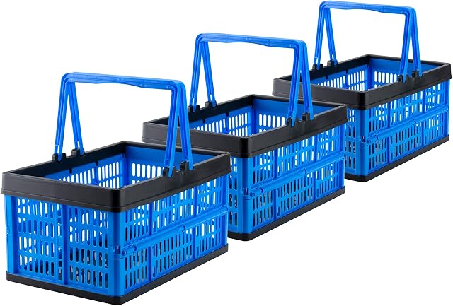 Grizzly 3 x Collapsible Crates with Handles - 16 L - Foldable Storage Boxes - Stackable - Blue