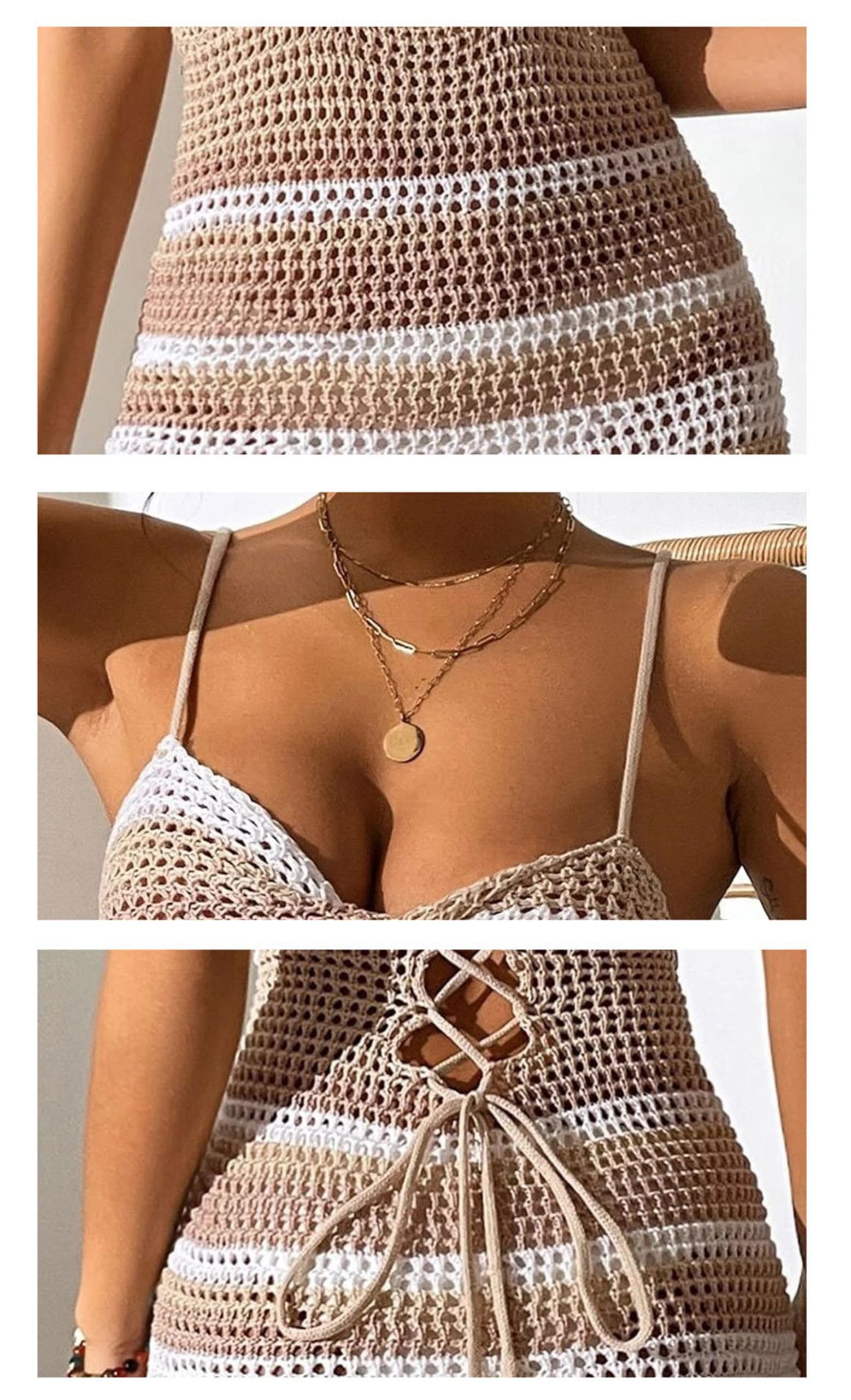 Costume da bagno all'uncinetto da donna Copricostume senza maniche a righe con lacci sul retro Mini abito da spiaggia