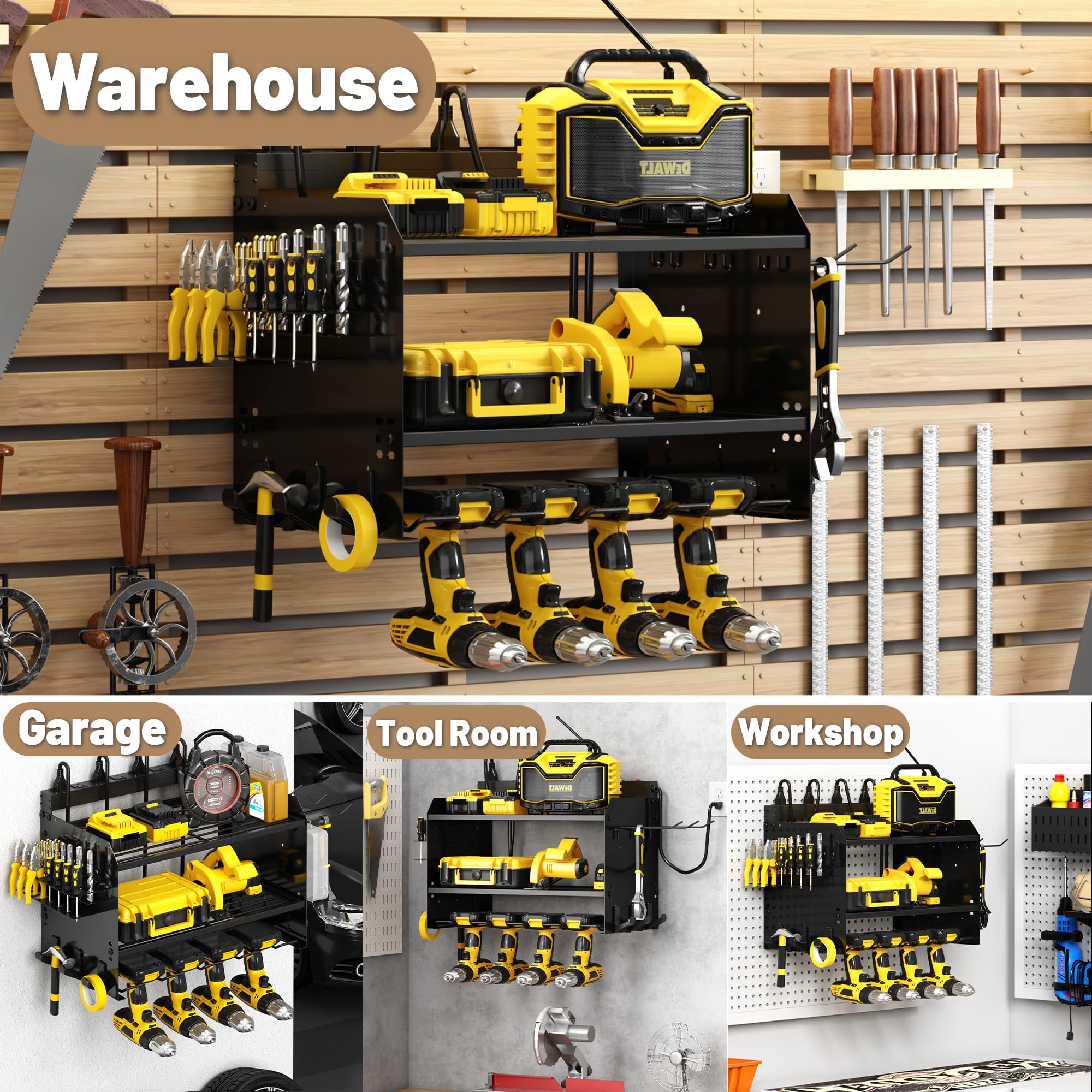 Wide Power Tool Organizer Wall Mount with Charging Station 3 Layer Adjustable Heavy Duty Tool Storage Rack with — view 9