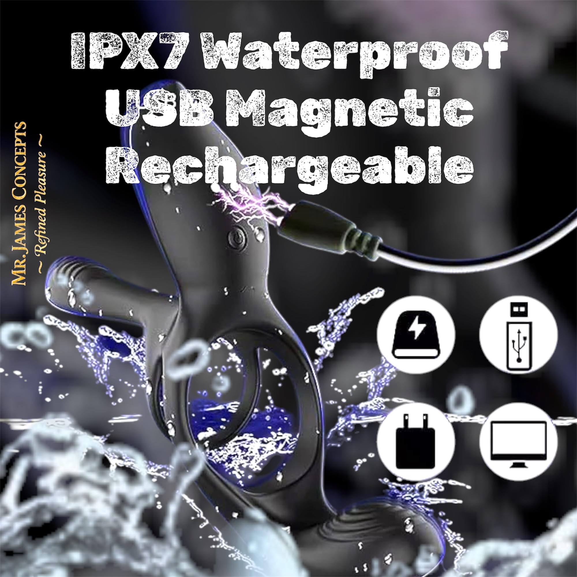Mr. James Concepts – Stimolatore prostatico with Dual Ring – USB Magnetic Ricaricabileee maschile Vibrator, 10+10+10 modalità, Stretchable silicone, impermeabile, telecomando, Fits All