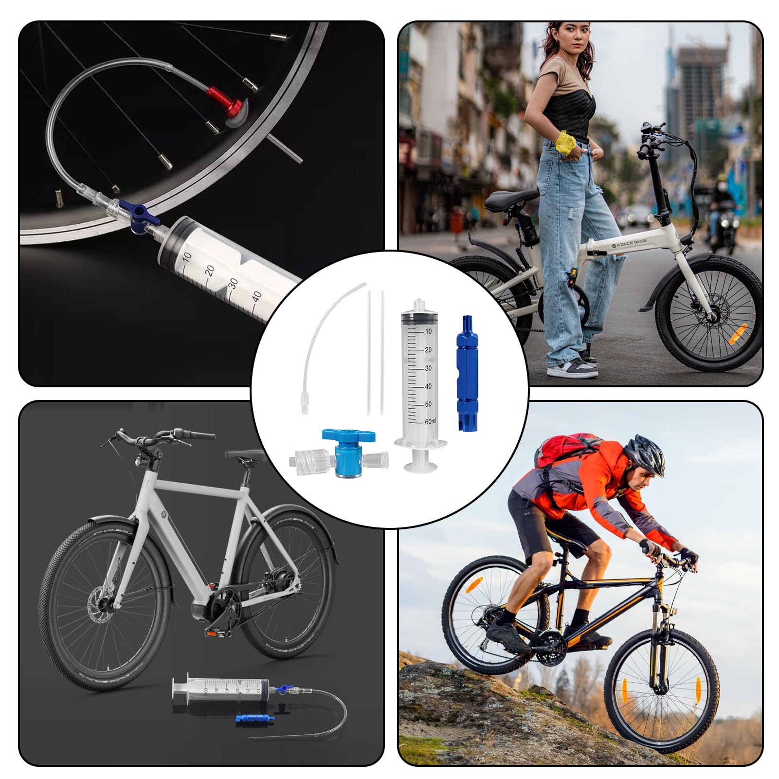 Zestaw do Naprawy Opon Tubeless na Rowery, Strzykawka 60ml z Narzędziem do Demontażu Ventila Presta, Wtryskiwacz Masy Uszczelniającej, Kompatybilny z Ventilami Schrader i Presta, do Kolarstwa
