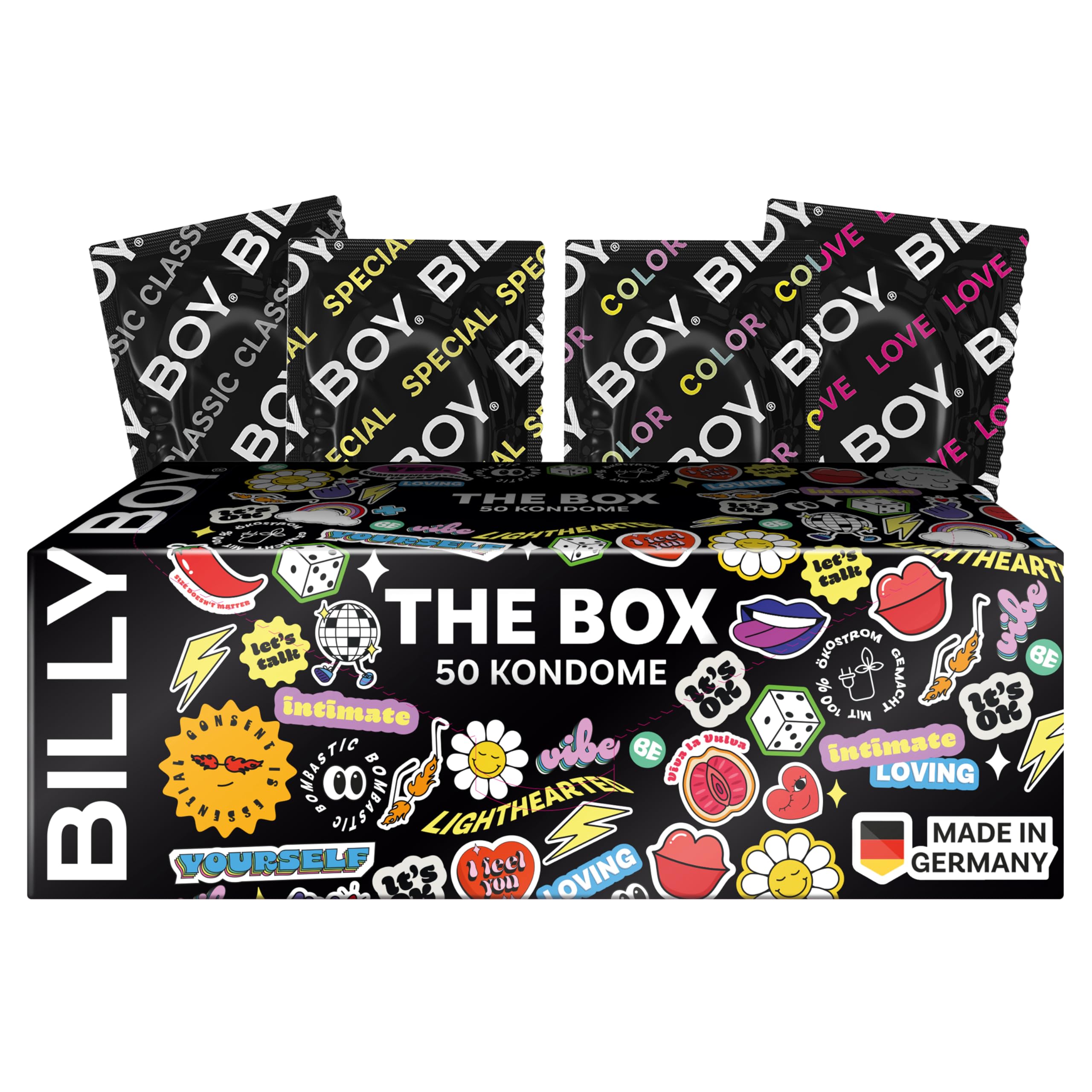BILLY BOY Kondome The Box 50er Kondommix | 52 mm und 56 mm | Acht verschiedene Sorten gemischt | 1x50 Stück