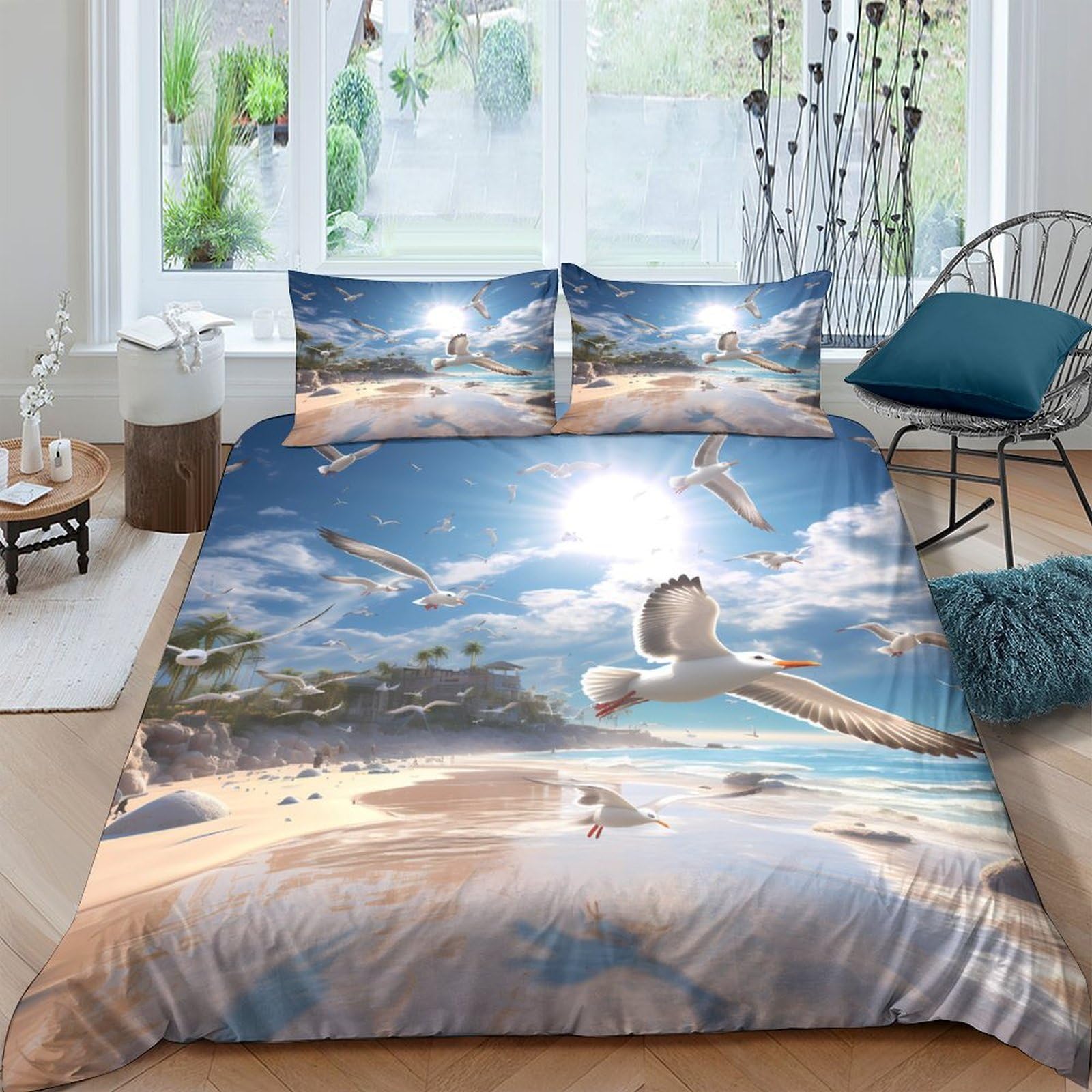 Ctjqhvkz Style-2 3D Printed Beach Sunrise Fitted Sheet Microfiber Sand Seagull Mattress Cover For Bedroom Guestroom Soft Decor Single（135X200cm）