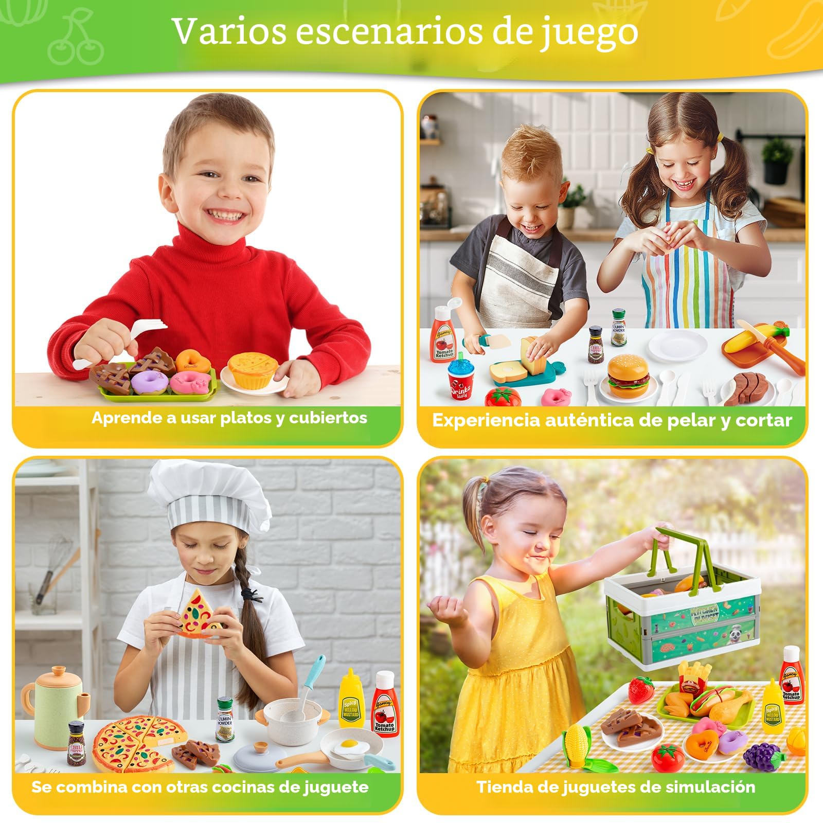 Set De Comida De Juguete 61 Piezas Para Cocinita – Frutas Y Verduras Para Cortar Con Cesta Y Accesorios | Juego De Rol Educativo Para Niños +3 Años
