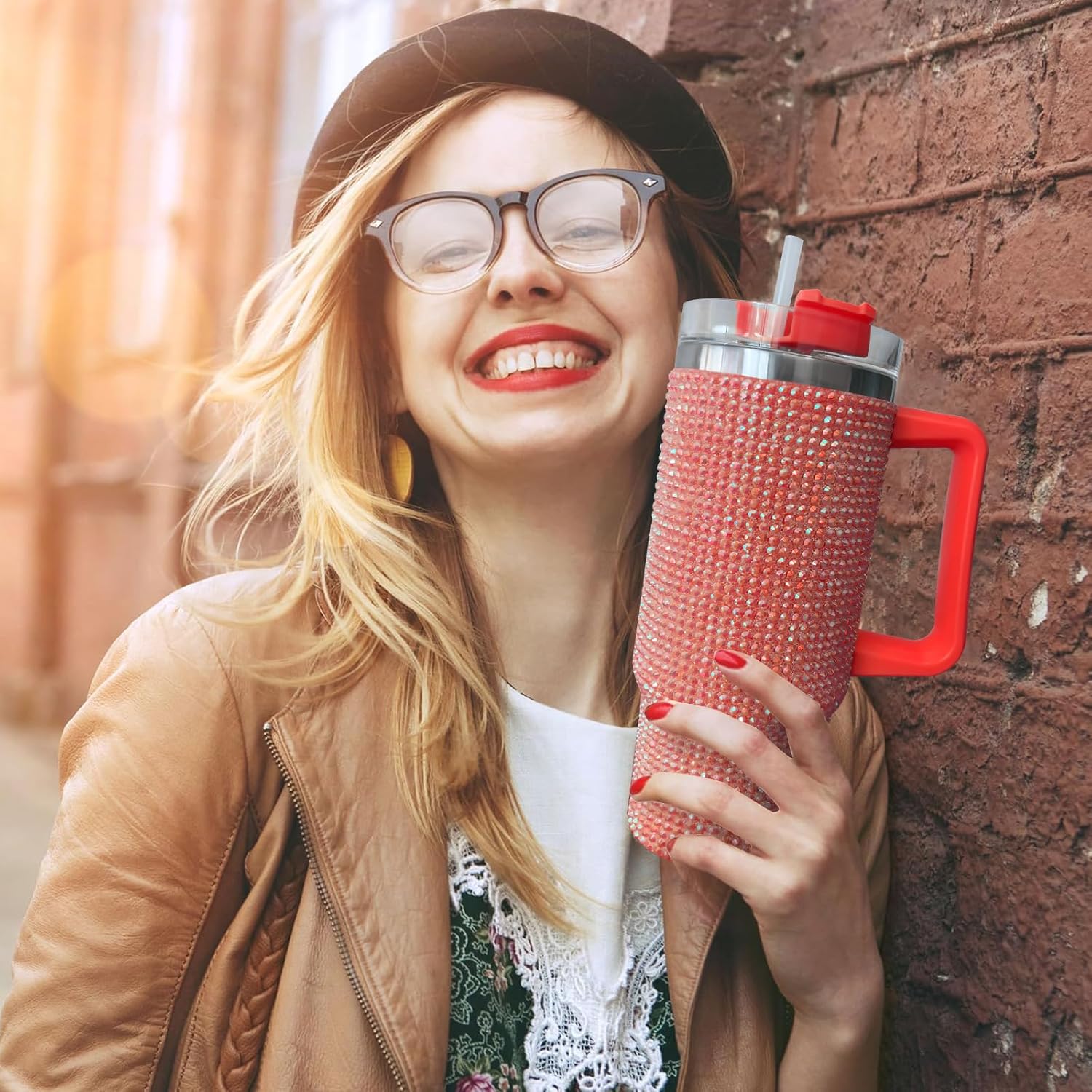 30oz Bling Rhinestone Studded Tumbler with Top Handle, Bling Cups Stainless Steel Water Bottle Diamond Glitter Tumbler for Women - Birthday Gifts for Women, Mom,Get Well Soon Gifts (Red)