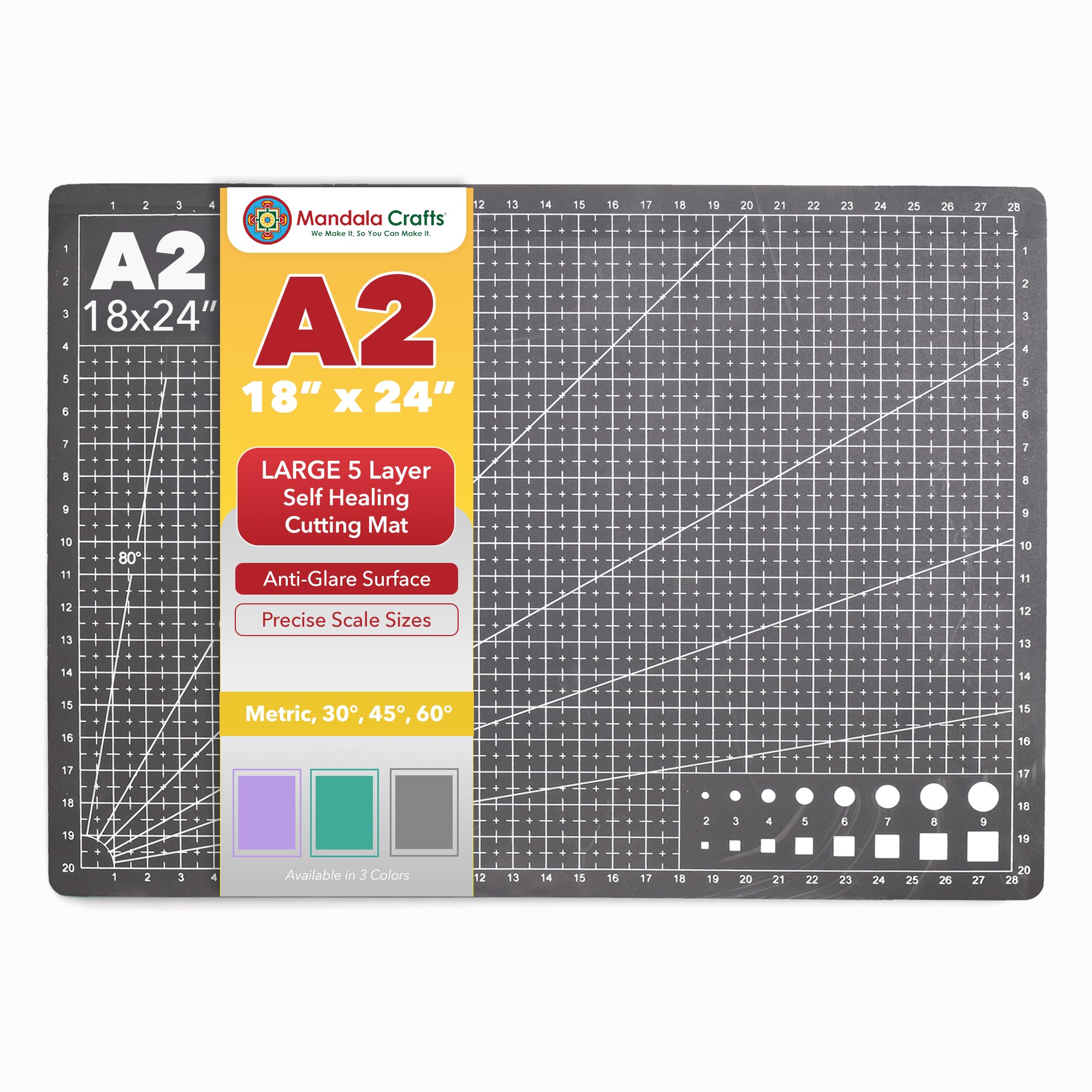 Mandala Crafts Self-Healing Cutting Mat, Black Gray 18" x 24" – A2 Large Double-Sided 5-Ply Rotary Cutting Board for Sewing, Quilting, Fabric, Leather, Craft, and Scrapbooking