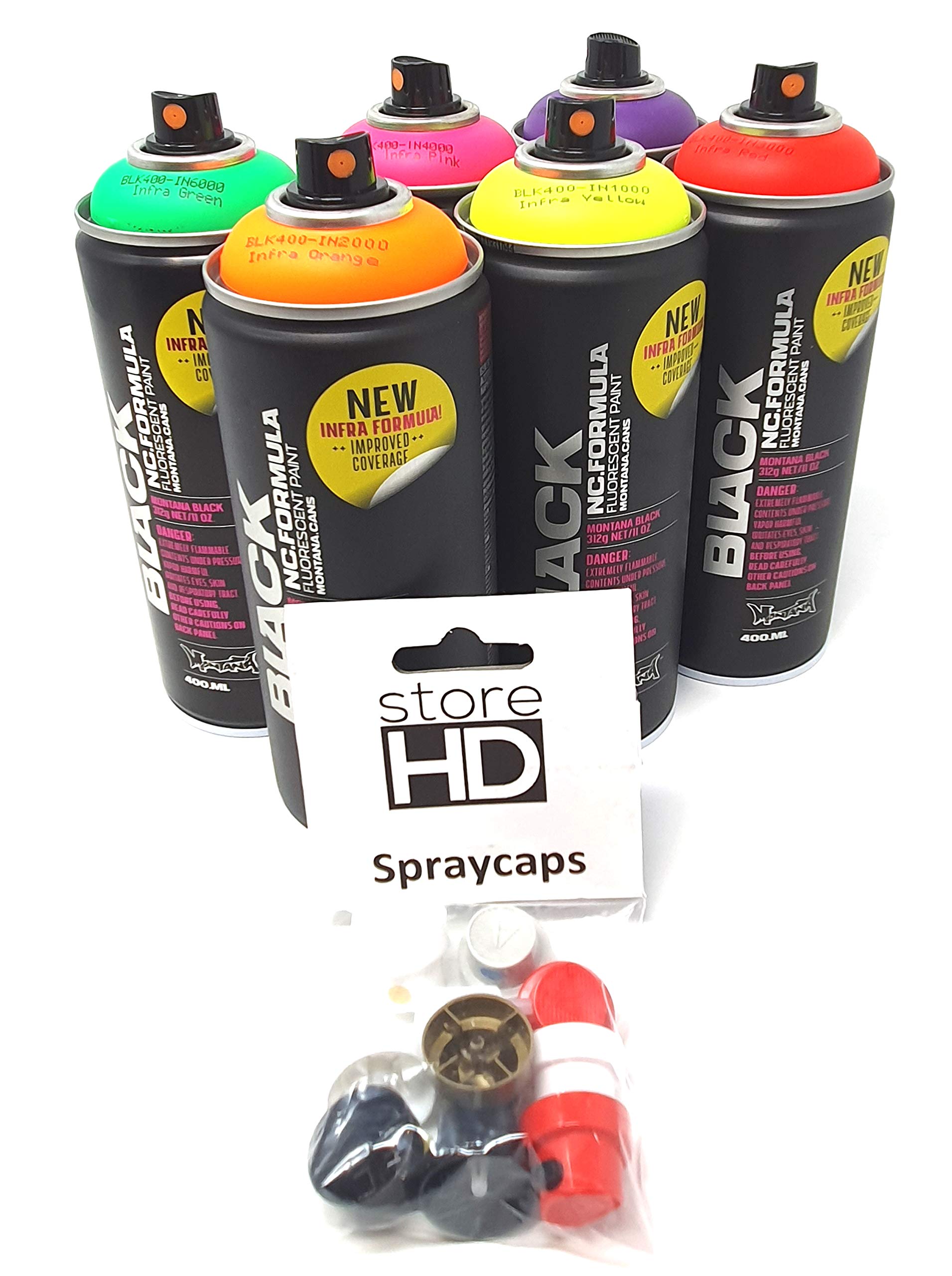 Montana Black Infra Sprühdosen Set Neon Farben + Ersatzsprühköpfe - 6 x 400ml