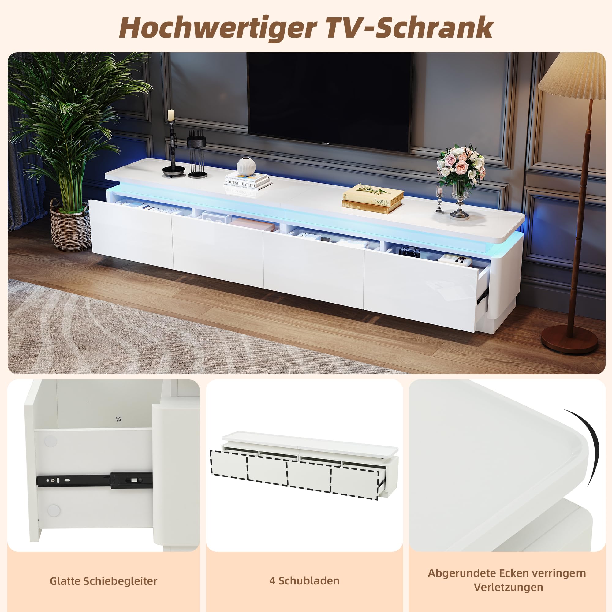 Armadio per TV con 4 cassetti, 180 x 34 x 40 cm, con LED, lucido e tavolo per TV, adatto per TV da 80 pollici (bianco)