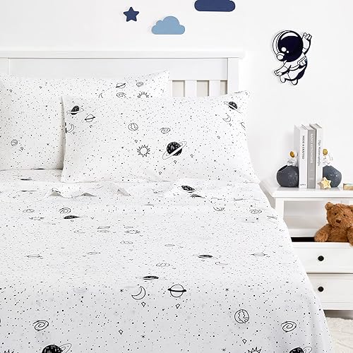 Wake In Cloud - Sábanas espaciales para niños, 100% algodón, juego de sábanas de 4 piezas para niños, Galaxy Celestial, estrellas, cohetes, sol,