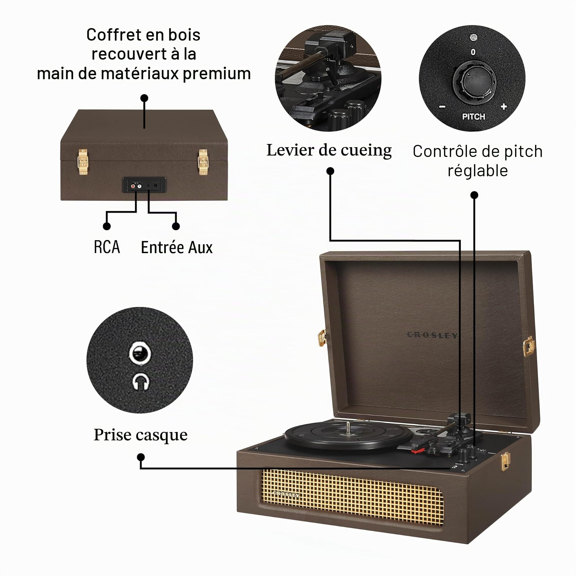 Crosley CR8017B-CO Voyager Tourne-Disque Portable Vintage en Vinyle avec Bluetooth in/Out et Haut-parleurs intégrés, Cacao