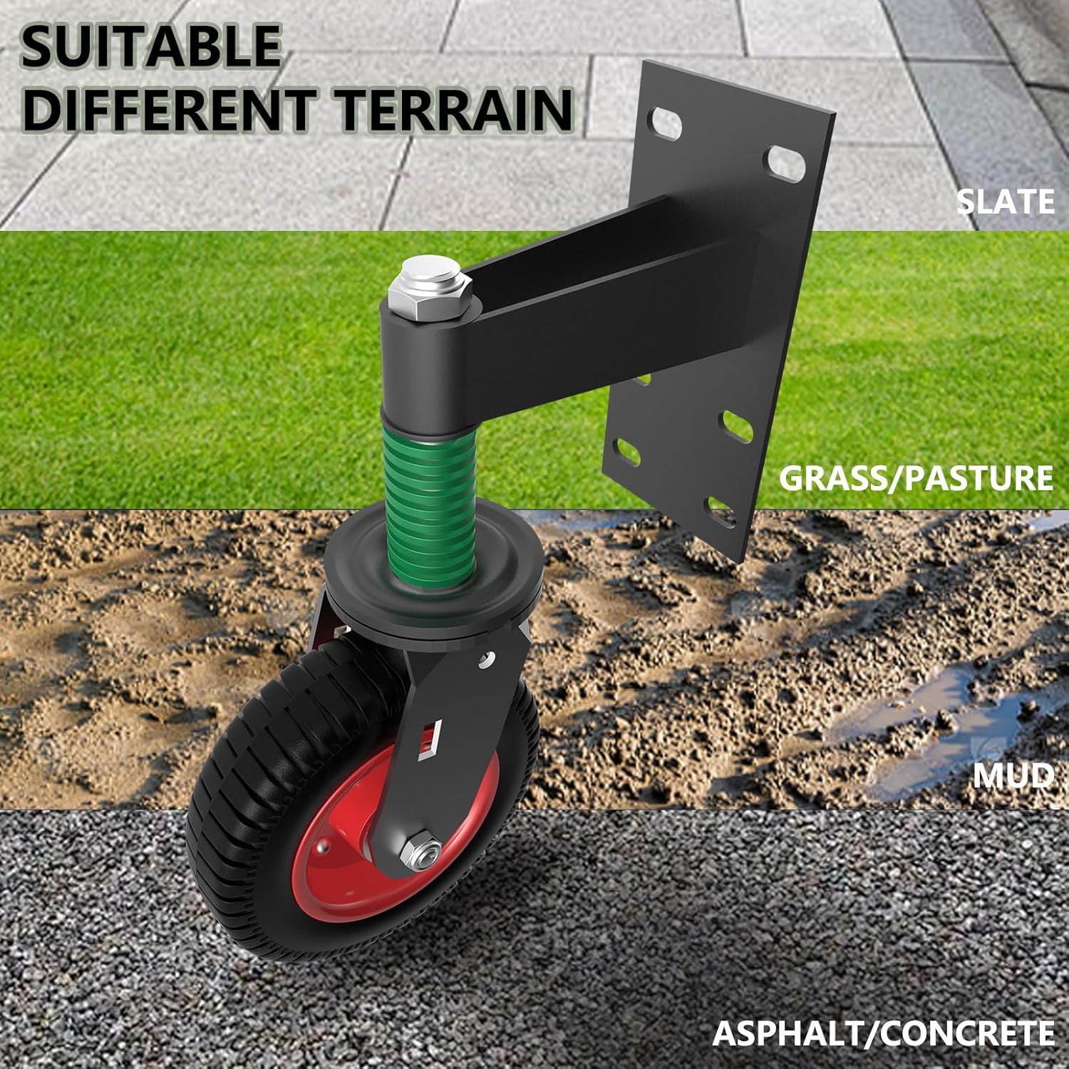 6inch Fence Gate Wheel - 500 Lbs Capacity, Spring Loaded Heavy Duty Gate Caster Wheels with 360 Degree Swivel, Black/Red - Image 7