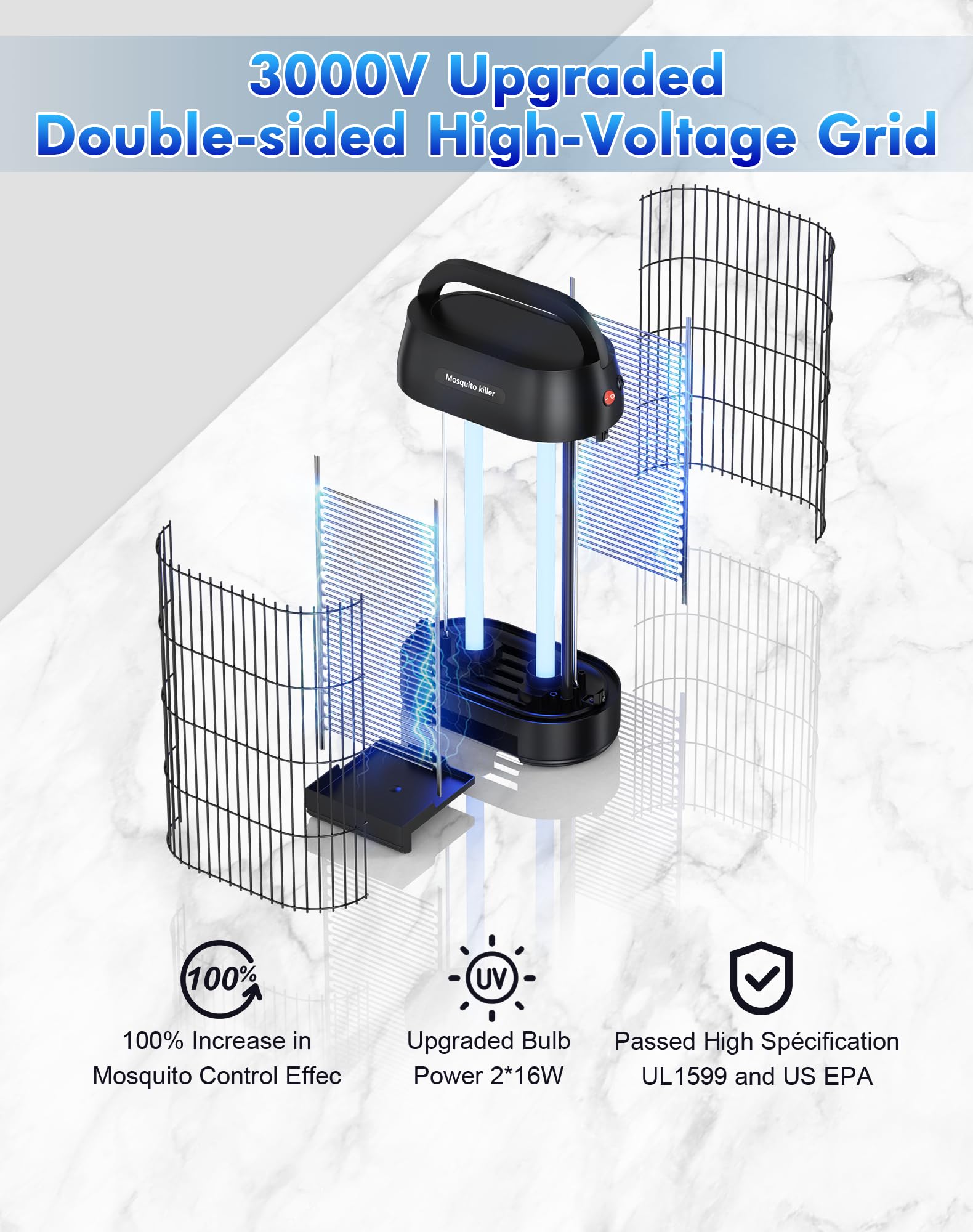 Elektryczna pułapka na owady, 16 W, 3000 V, lampa na komary ze światłem UV, elektryczna pułapka na muchy – konstrukcja z podwójną kratką, do wnętrz, na taras, do ogrodu