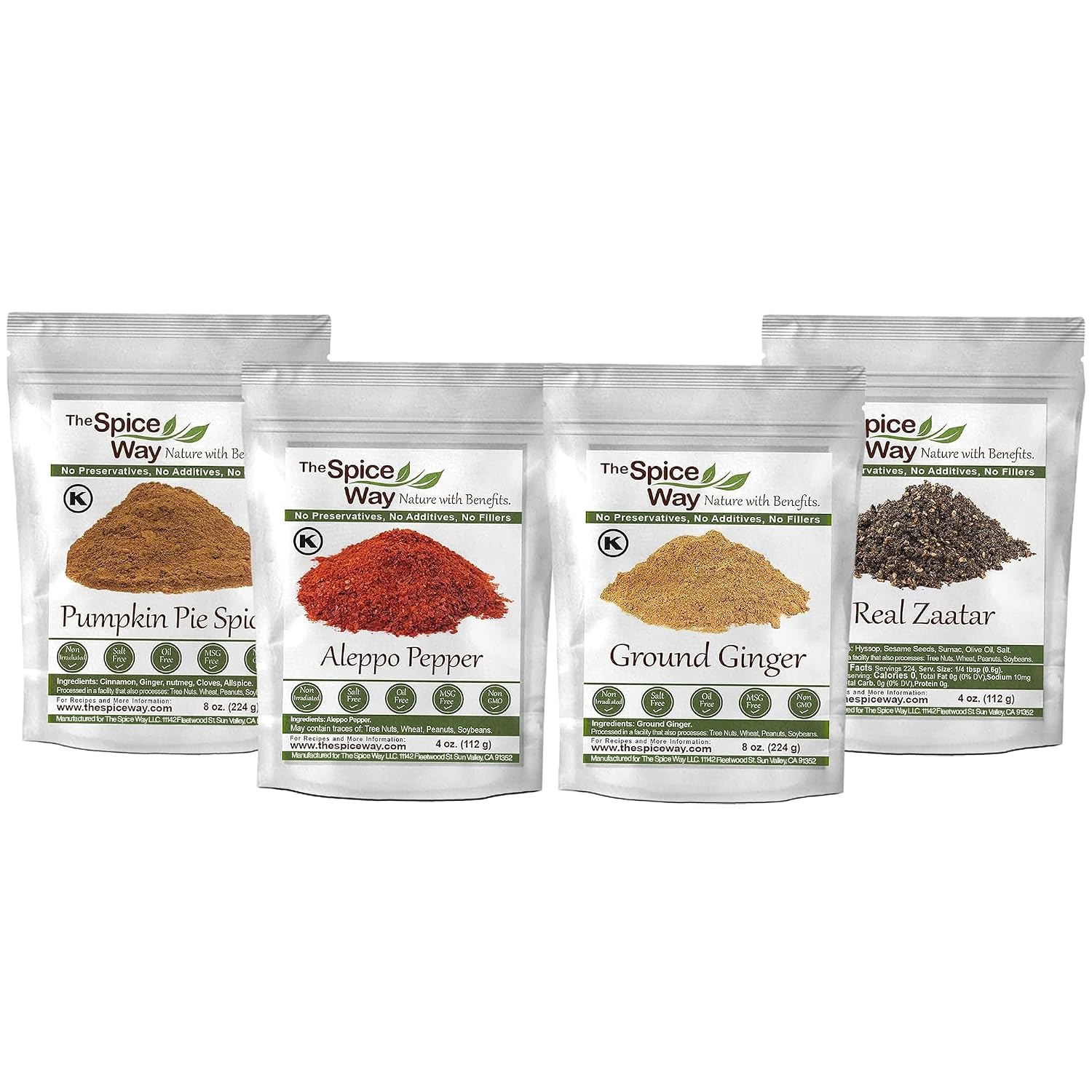 The Spice Way Pumpkin Pie Spice 8 oz, Ginger Powder 8 oz, Real Zaatar 2oz, Aleppo Pepper Ground 4 oz Bundle
