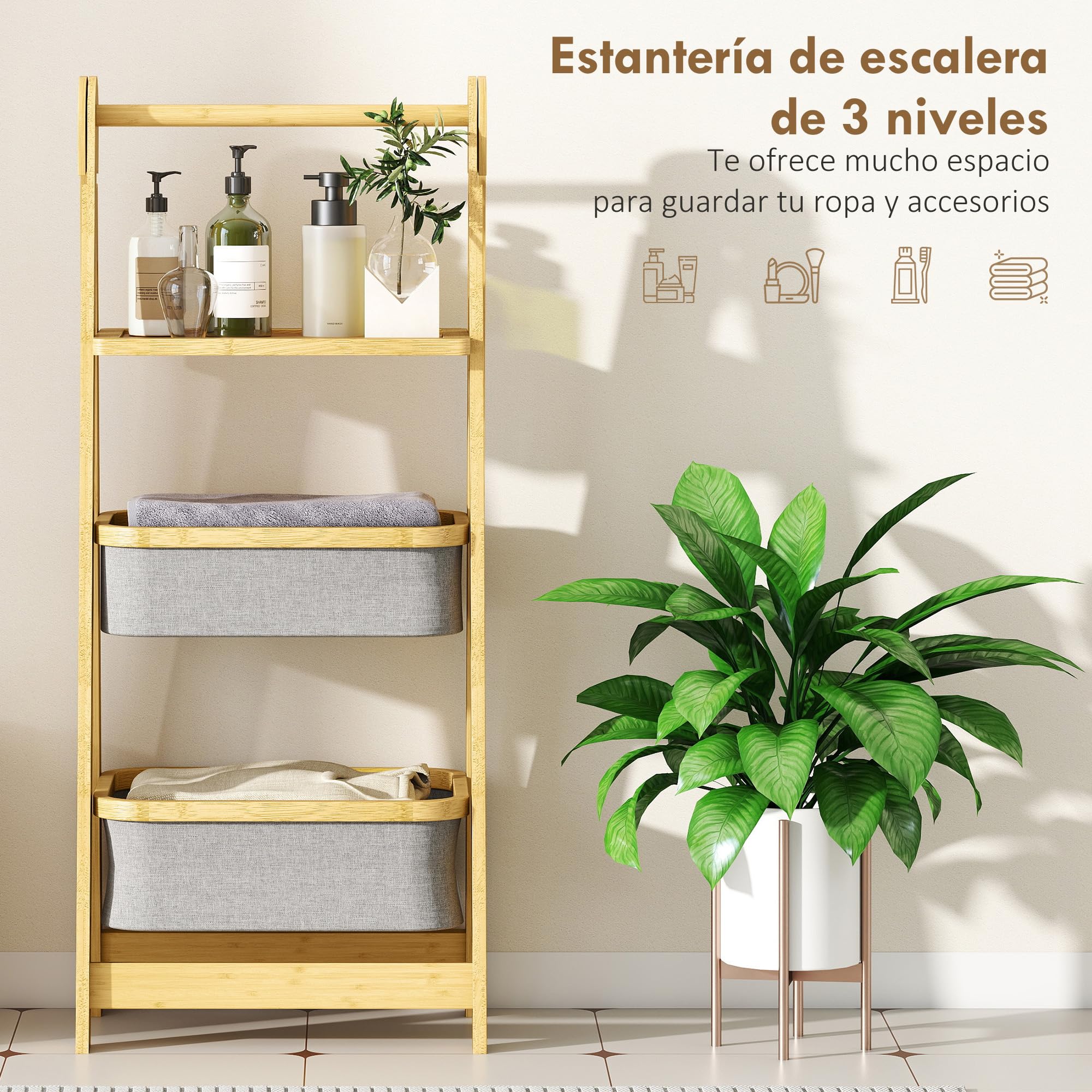 HOMCOM Estantería para Baño Plegable de Bambú, 2 Cestos Ropa Sucia, Gris