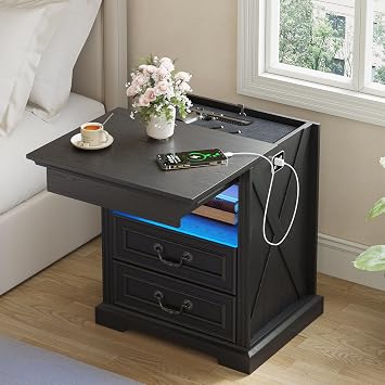 Dystler Night Stand with Gun Drawer, Bedside Table with LED Light & Human Sensor, Nightstand Gun Safe with 2 Drawers for Bedroom, Farmhouse End Table with Charger Station, Black