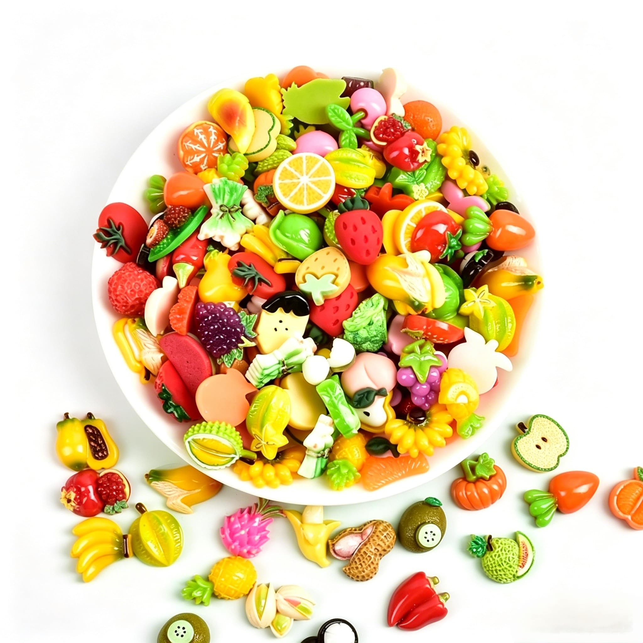 GLAITC 50 Pcs Mixed Resin Fruits Vegetables Set 3D Miniature Fruits Charms Exquisite DIY Slime Charms Junk Phone Case Charms Jewelry Accessories for Handcraft,Scrapbooks,Hair Clips,Dollhouse