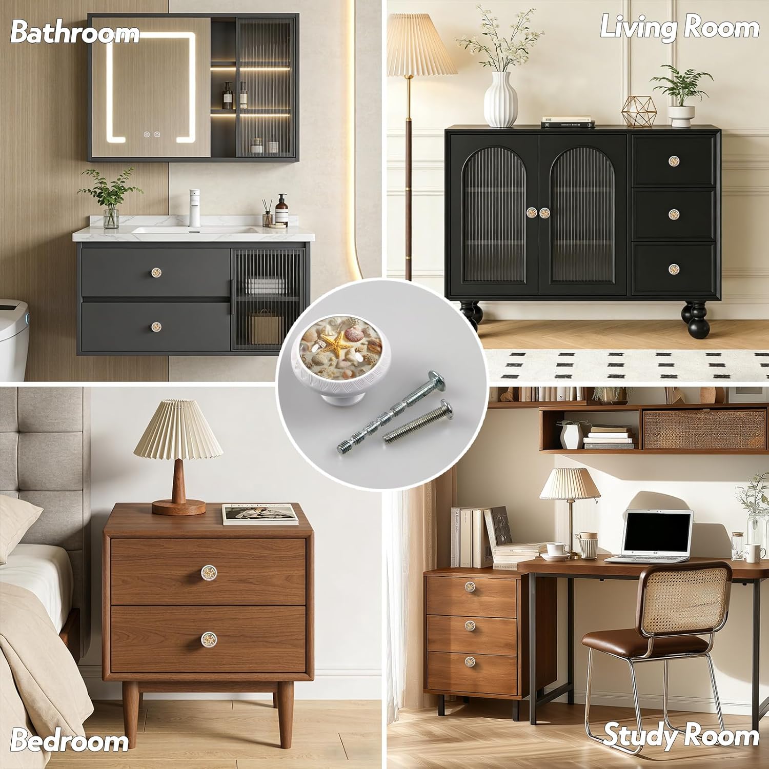 4 Pack Seashells and Starfish Cabinet Knobs Round Drawer Pulls White Dresser Knob Cupboard Door Handles Hardware for Kitchen Bathroom Cabinets