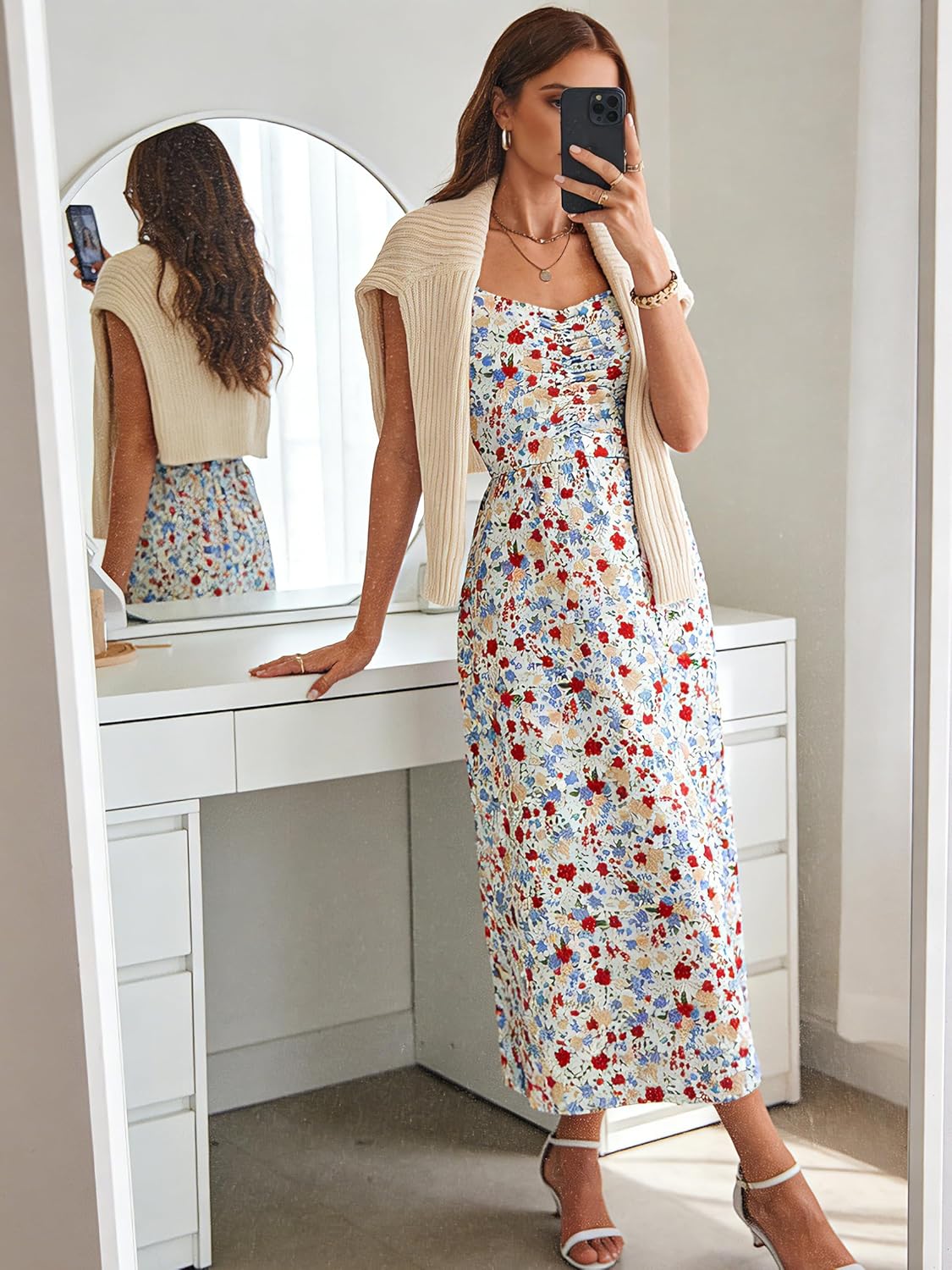 YATHON Women's Halter Floral Midi Dress Ruched Backless Flowy A Line Summer Beach Wedding Guest Dresses with Pockets - Image 4