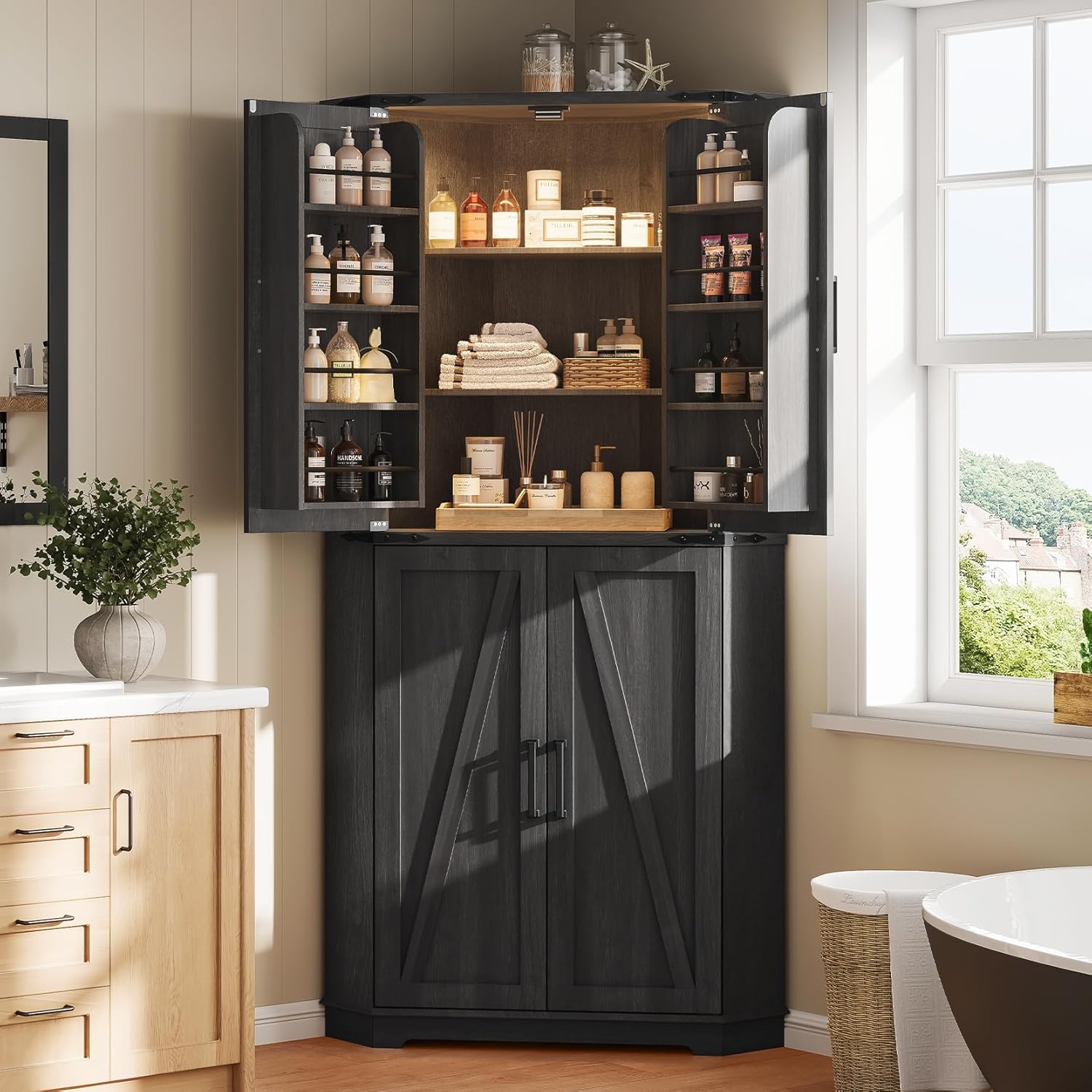Dripex 71" Corner Cabinet Black, Farmhouse Kitchen Pantry Cabinet with Doors Storage & Adjustable Shelves, Tall Corner Storage Cabinet with LED Light, Food Pantry for Living Room, Dining Room