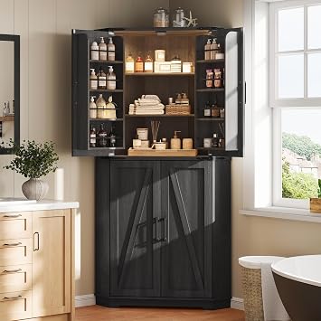 Dripex 71" Corner Cabinet Black, Farmhouse Kitchen Pantry Cabinet with Doors Storage & Adjustable Shelves, Tall Corner Storage Cabinet with LED Light, Food Pantry for Living Room, Dining Room