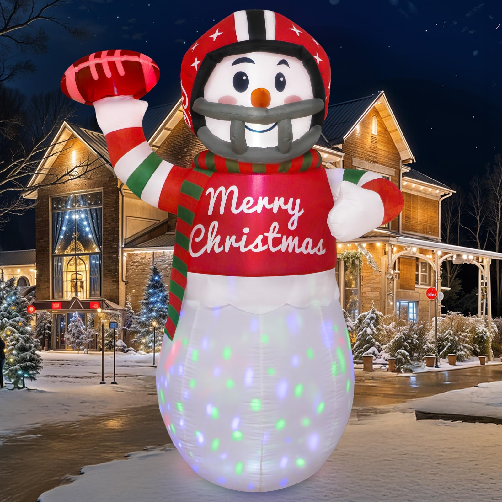 OurWarm 6 FT Christmas Inflatables American Football Snowman Decorations, Blow Up Rugby Snowman Inflatable Decoration Outdoor with Rotating LED Lights for Yard Lawn Garden Indoor Xmas Party Decor