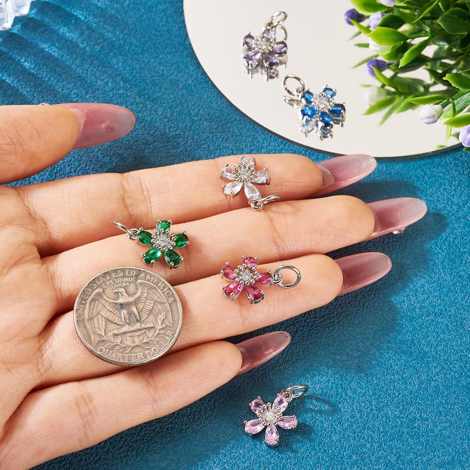 Craftdady Brass Micro Pave Cubic Zirconia Flower Pendants Mixed Color Flower Shape Micro Pave CZ Dangle Pendants Mini Floral Charm Bulk for DIY Necklaces Bracelets Jewelry Making - Image 5