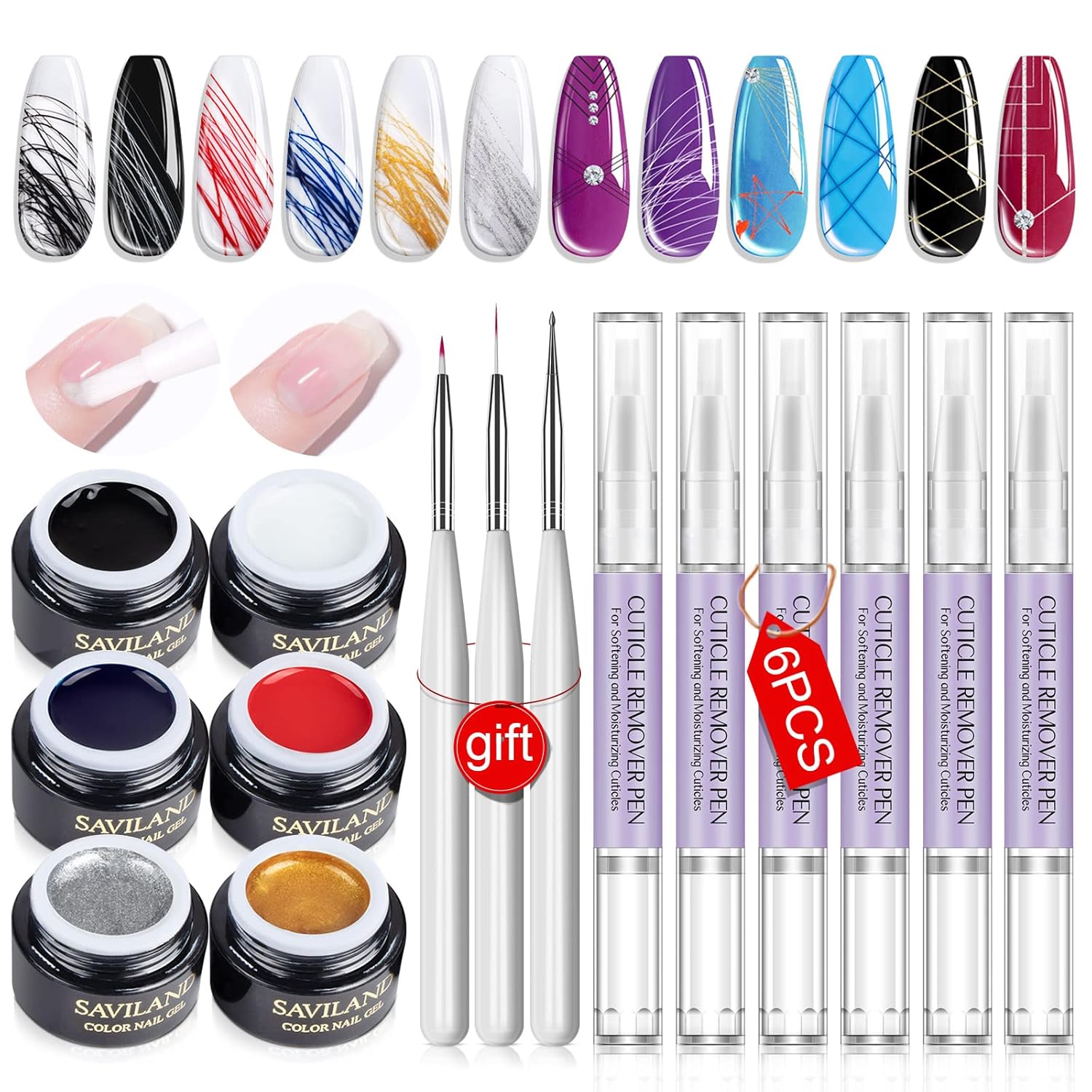 Saviland 6 Colors Matrices Spider Gel with Nail Art Brushes,6PCS Cuticle Remover