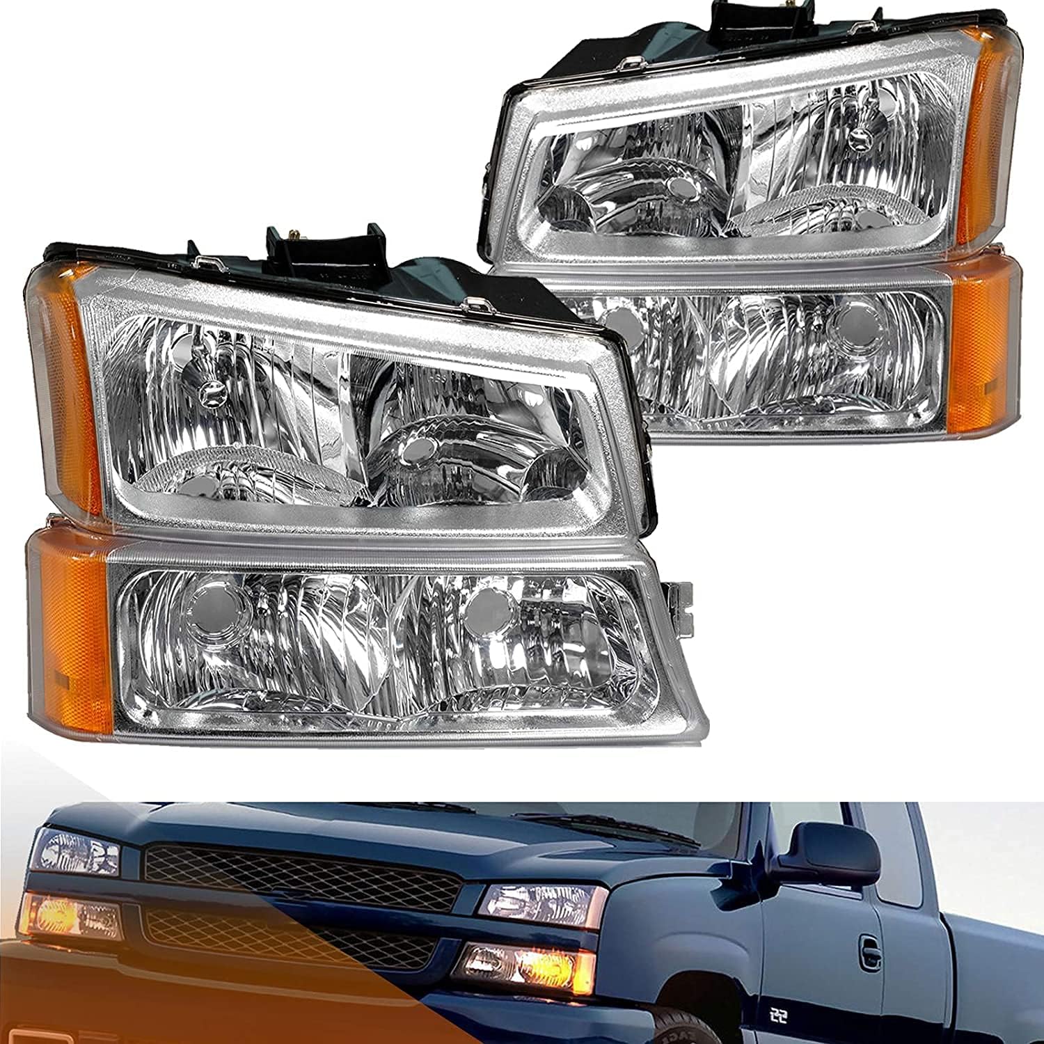 A&P Headlight Assembly for 03-06 Silverado Avalanche 1500 1500HD 2500 2500HD 3500 Chrome Housing Amber Corner OEM Replacement Set