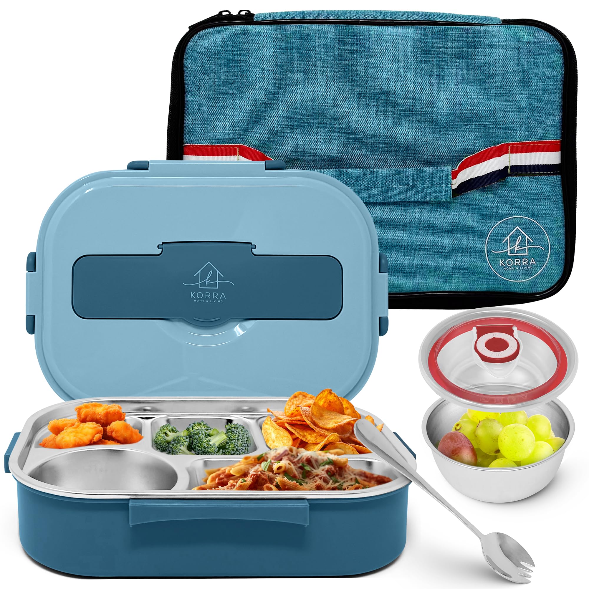 Korra Home & Living Stainless Steel Lunch Bento Box for Adults and All ages - 5 Compartments, Insulated Bag, Spork, and Leak resistant Soup Bowl, Durable for Work, College, Travel