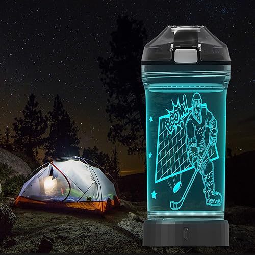 Miniatura 5 de Botella de agua para niños con luz LED de hockey brillante 3D, 14 onzas, Tritan sin BPA, regalo creativo ideal para viajes, para escuela, niños,