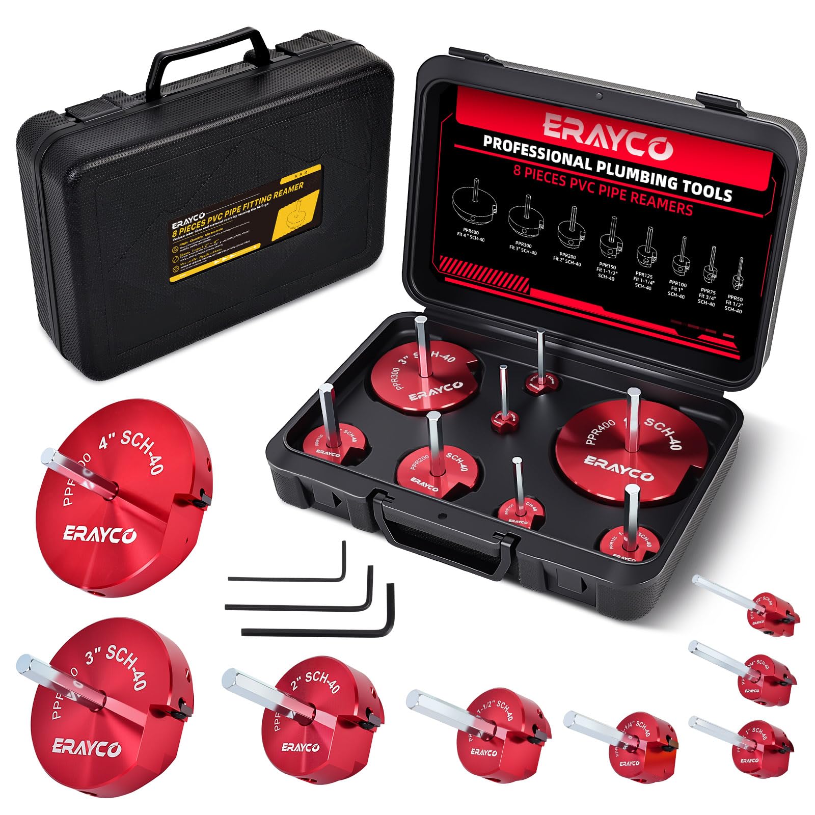 ERAYCO 8PCS PVC Pipe Reamer Kit, Plastic Pipe Fitting Reamer Tool, Fit into Standard 1/2" Drills, PVC Fitting Saver for SCH40 PVC CPVC ABS Pipe (1/2'', 3/4'', 1'', 1-1/2'', 1-1/4'', 2'', 3'', 4'')
