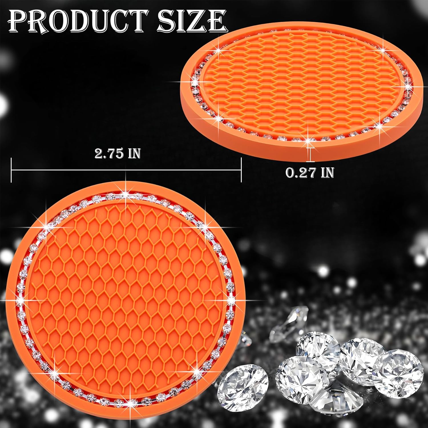 2PCS Bling Cup Holder Coaster, 2.75 Inch Auto Car Cup Holder Insert Coasters, Soft Silicone Anti-Slip Shockproof, Universal Vehicle Interior Accessories for Women Girls (Orange & White) - Image 2