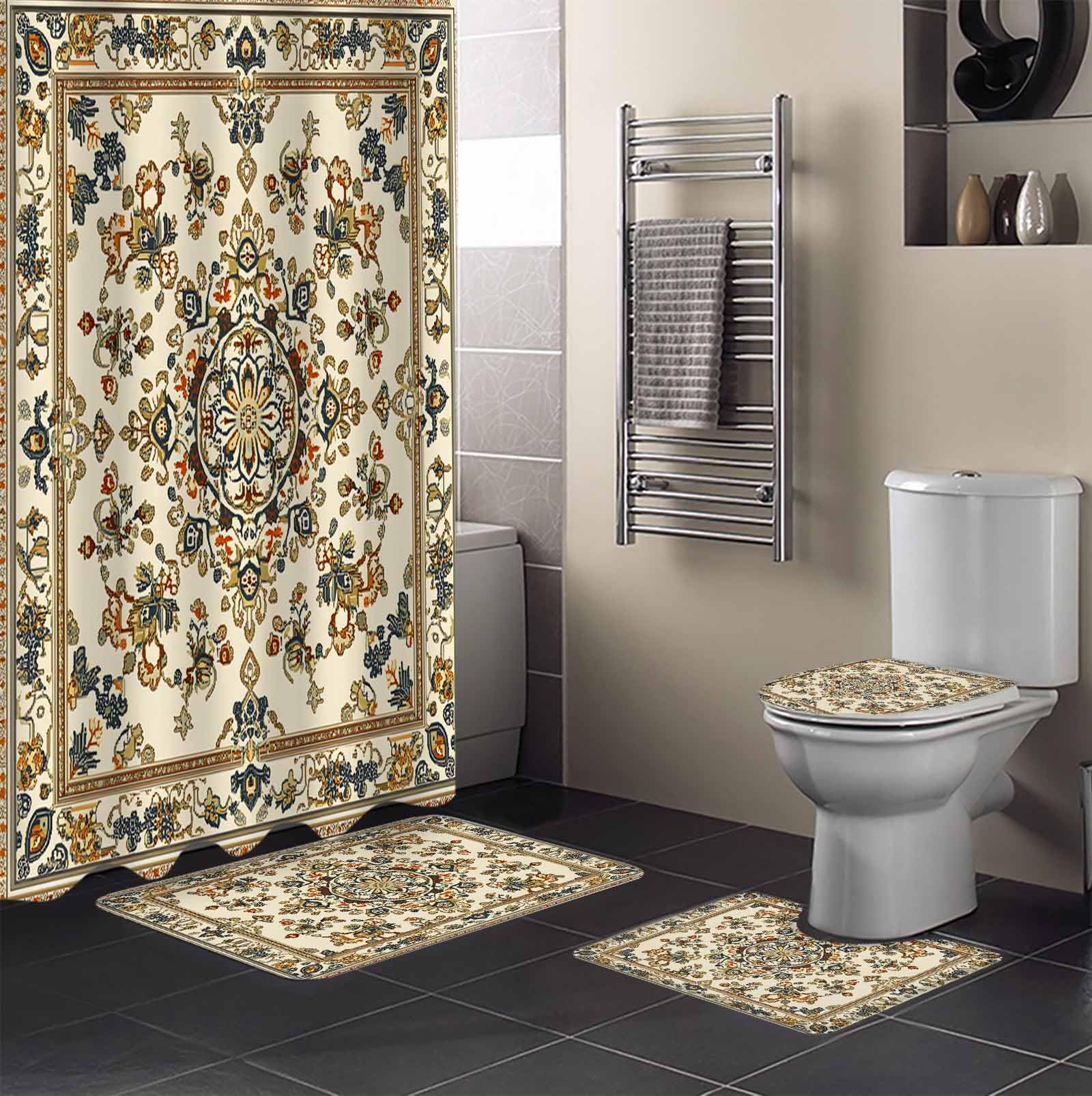 Boho Floral Bathroom Set with Shower Curtain and Rug and Accessories - 36x72 Inches Long Modern Abstract Ethnic Tribal Patterns Stall Curtain Waterproof with Large Bath Mat, Washable Runner Rug Set