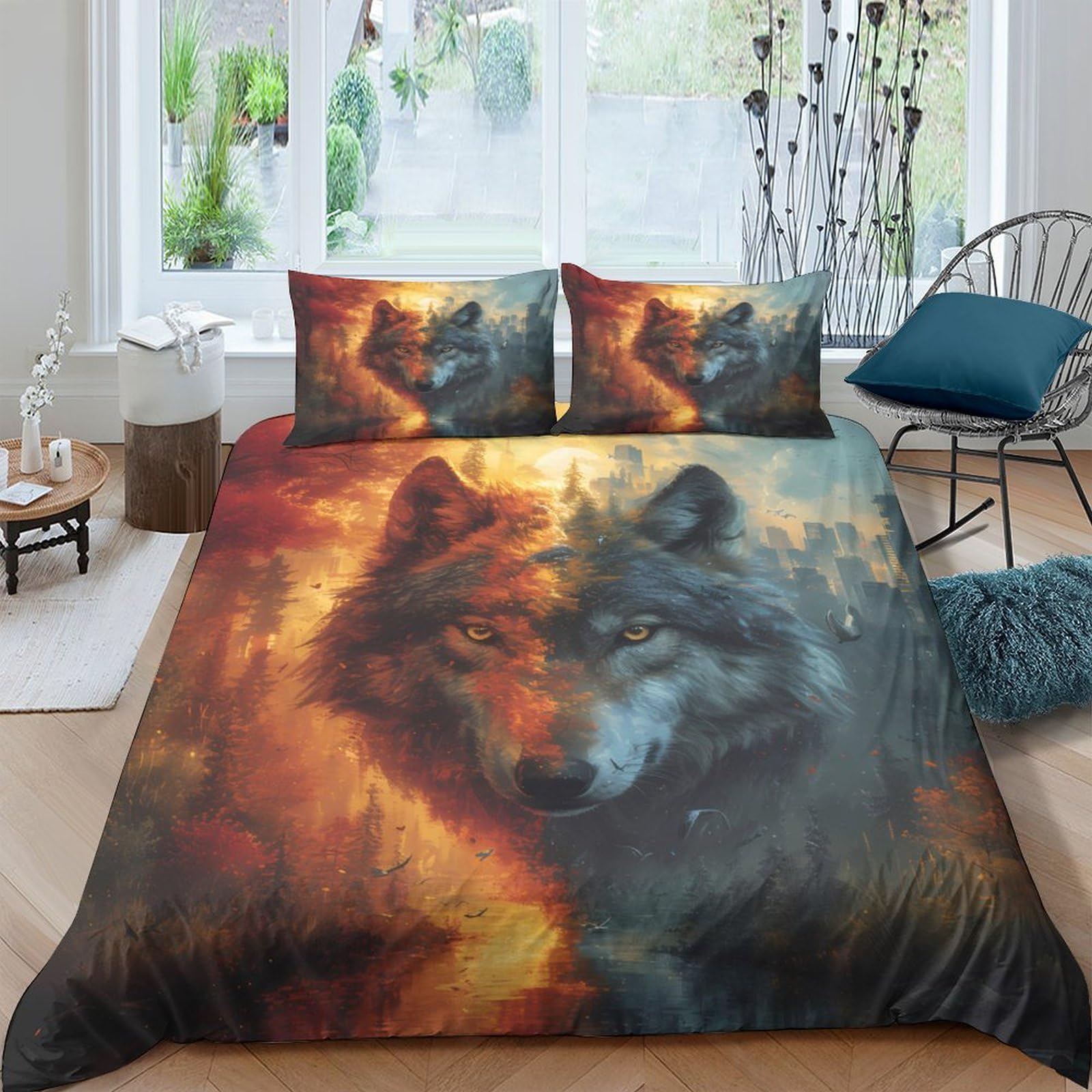 Ctjqhvkz Style-2 3D Printed Wolf Forest Fitted Sheet Microfiber Soft Breathable Fire Sunset Mattress Cover For Bedroom Dorm Decor Single（135X200cm）
