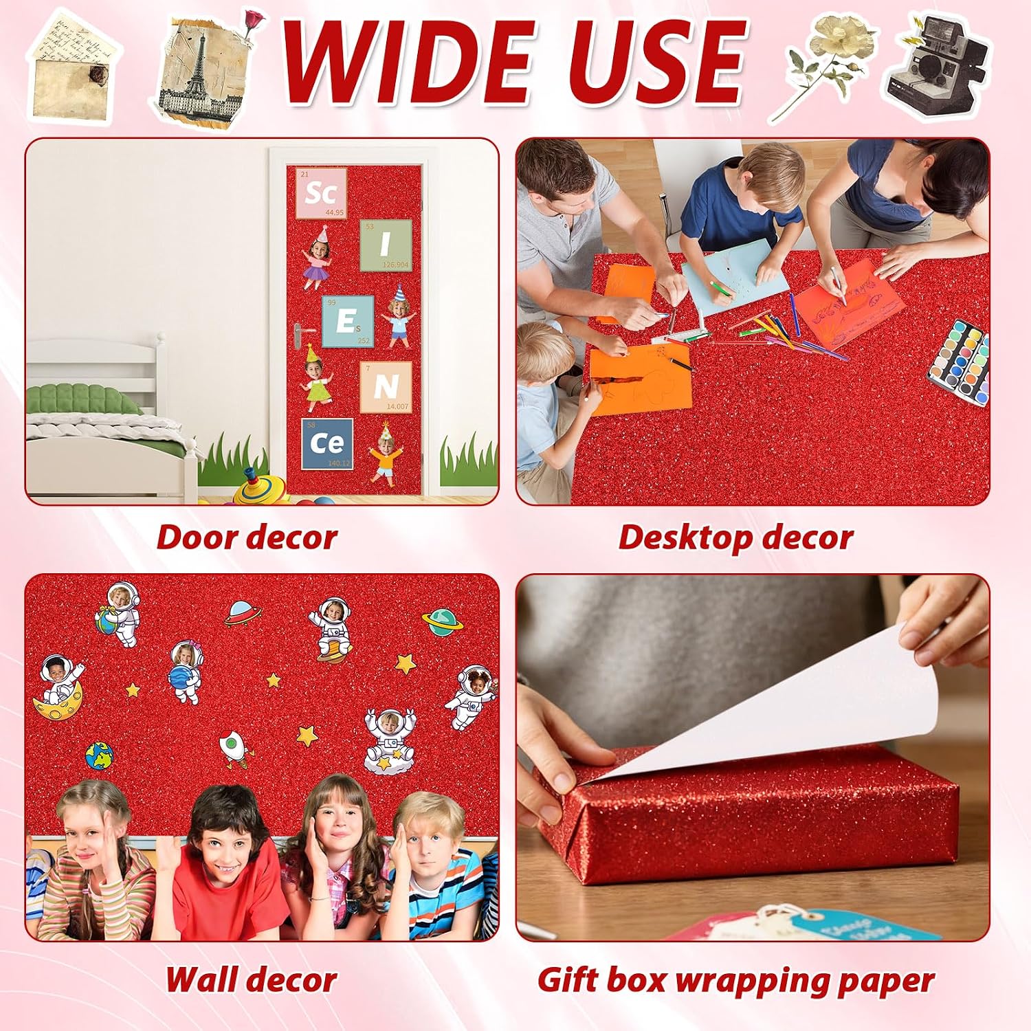 Qyeahkj 17in x 20ft Glitter Bulletin Board Paper Roll Bulletin Board Background Paper Fade Resistant Classroom Decoration Poster Art Craft Home Wall Education Decor Supplies Red