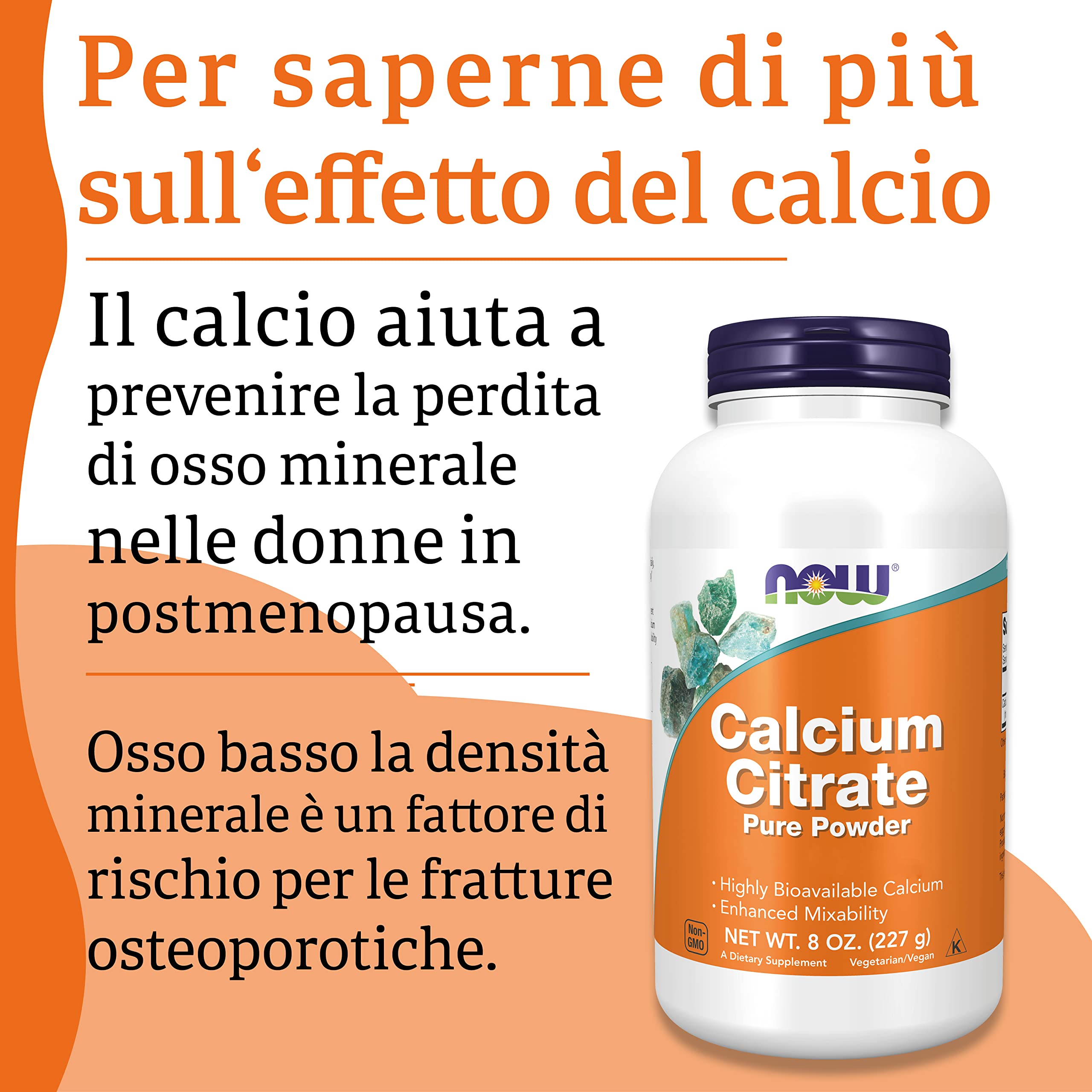 Now Foods, Calcium Citrate, Polvere Pura, 227 g, Testato in Laboratorio, Calcio, Senza Soia, Senza Glutine, Vegetariano