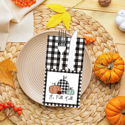 Miniatura 5 de Whaline 36 soportes para utensilios de Acción de Gracias de otoño, cubiertos de búfalo a cuadros de calabaza, tenedores, cubiertos de papel, bolsas