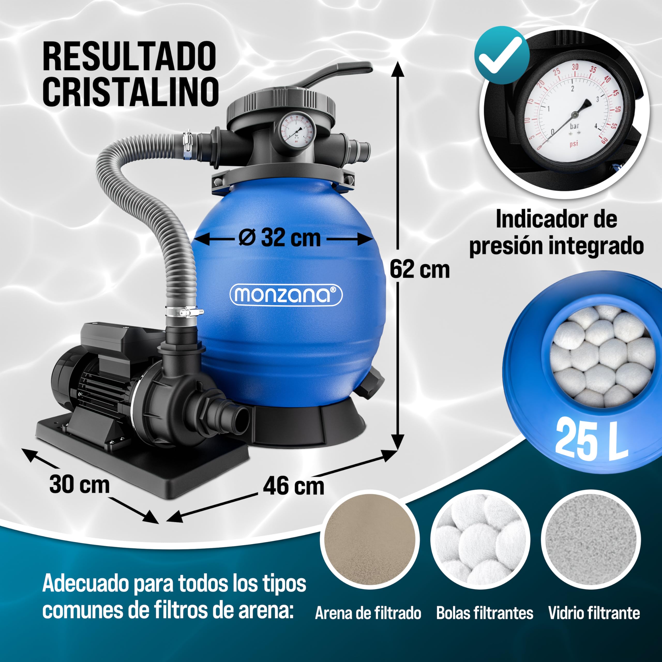 MONZANA® Depuradora Piscina 10.200L/h Filtro de Arena Autocebante Válvula 7 Funciones Filtrado 450W Adaptador Ø32-38mm incl. Medidor Cloro y PH Bomba Indicador de Presión