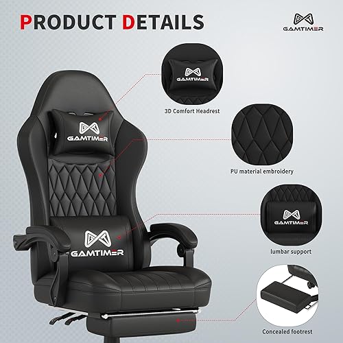 Miniatura 4 de Silla de juegos con reposapiés, silla ergonómica para computadora, material transpirable de poliuretano con reposacabezas y soporte lumbar, adecuada