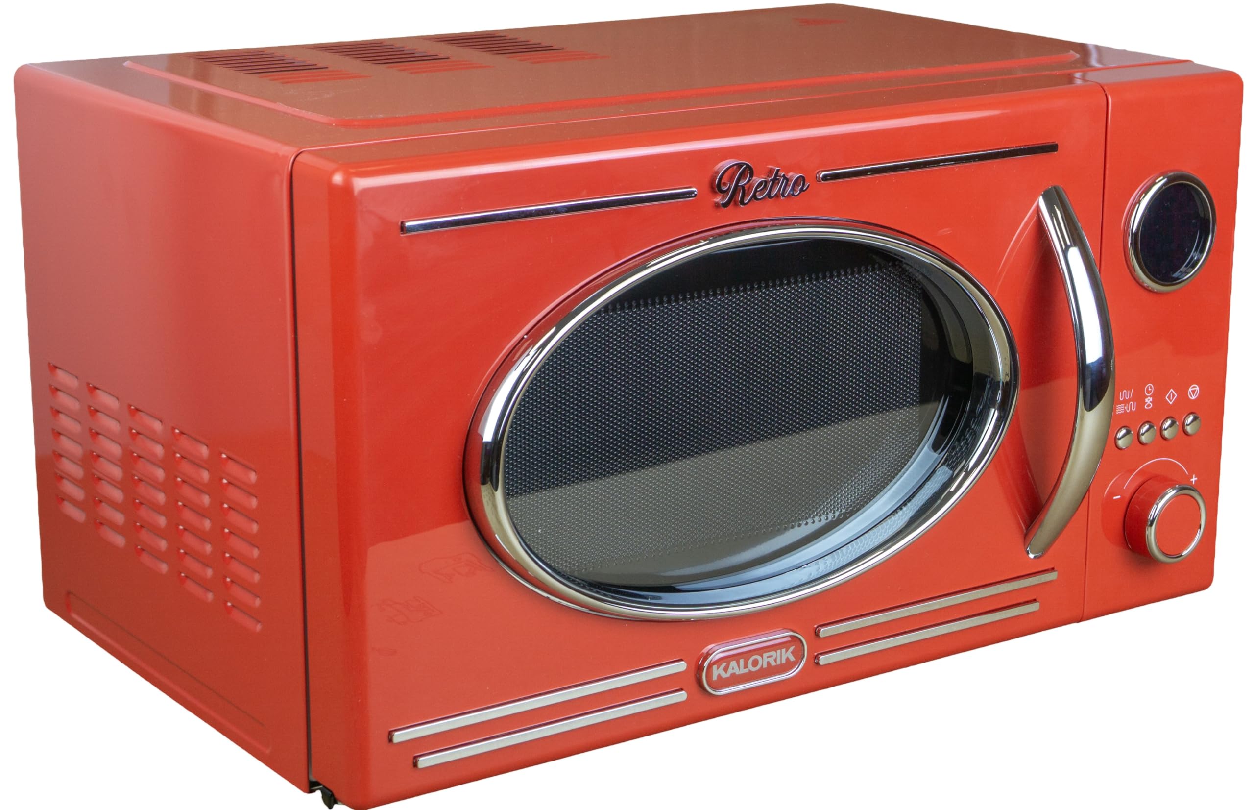 Kalorik Retro Mikrowelle, Rot, Vintage-Design, mit Grillfunktion, Digitale Steuerung, MW2600DGR 1150W, 12 automatischen Kochprogrammen, Digitales LED-Display, Timer, Ø25,5cm, 49,1×38,4×28,5cm