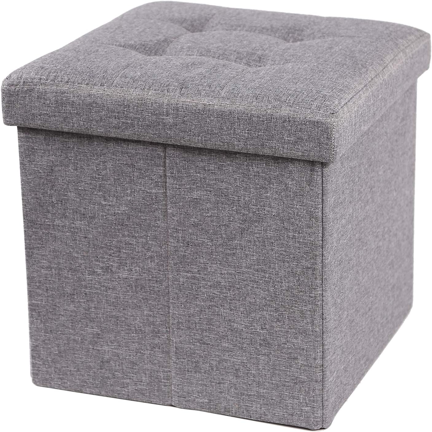 CAMPMOON 15 Inch Linen Storage Ottoman Seat Cube for Bedroom, Thick Foldable Small Ottoman Foot Rest with Storage, Gray