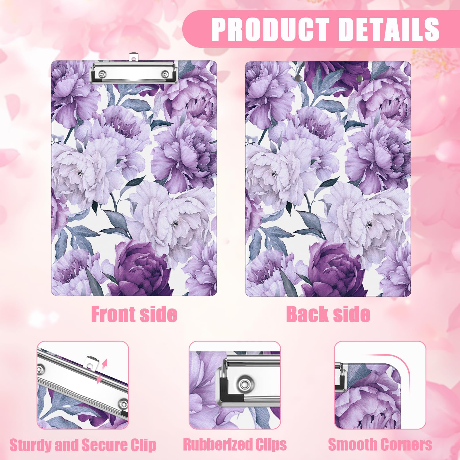 Portapapeles de flores moradas, tablero decorativo con clip de metal, bonito portapapeles de plástico A4 para enfermeras, estudiantes, oficina (tamaño estándar 8.5 x 12.5 pulgadas)