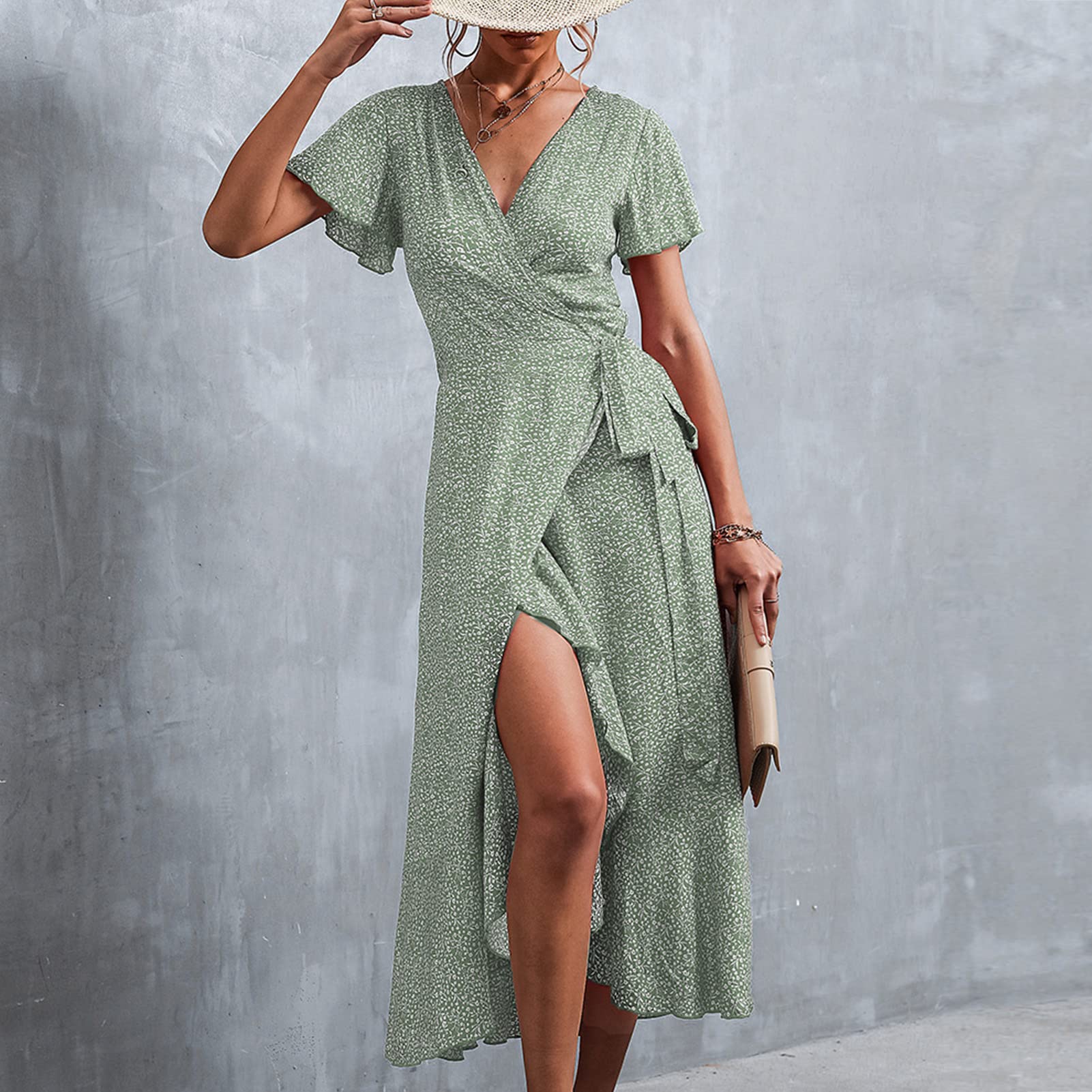 Cocoarm Robe de Femme Robe Cache-cœur à imprimé Floral Robe à col en V à Fleurs Robe Longue à Fleurs pour Femmes Robe Cache-cœur à Fleurs Robe de Plage élégante Robe D'été Ample(L-Vert)