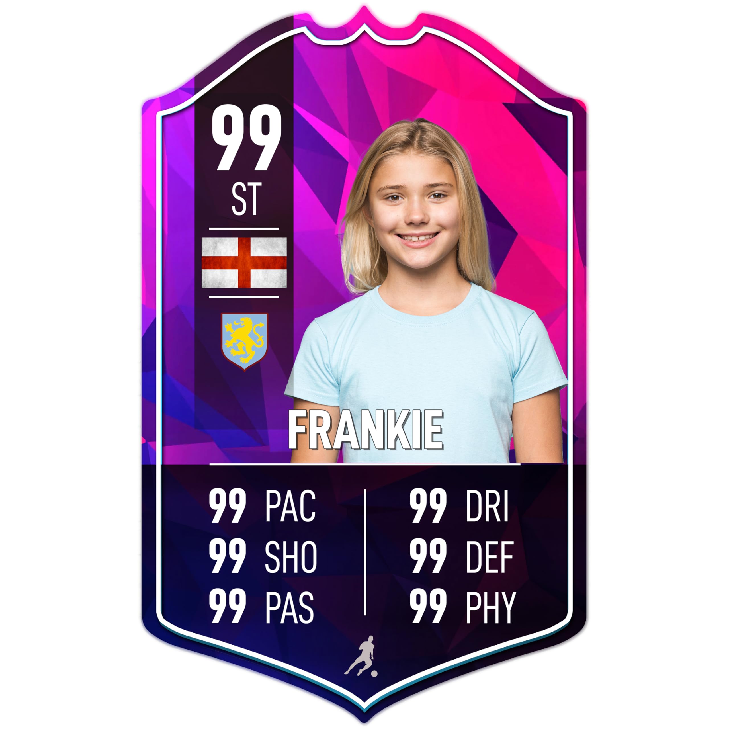 ShopQuality4U Personalised Football Cup Player Stats Card Sign - Purple Design Printed Metal Shield Sign Wall Art A4 Player Add Name (28x17cm)