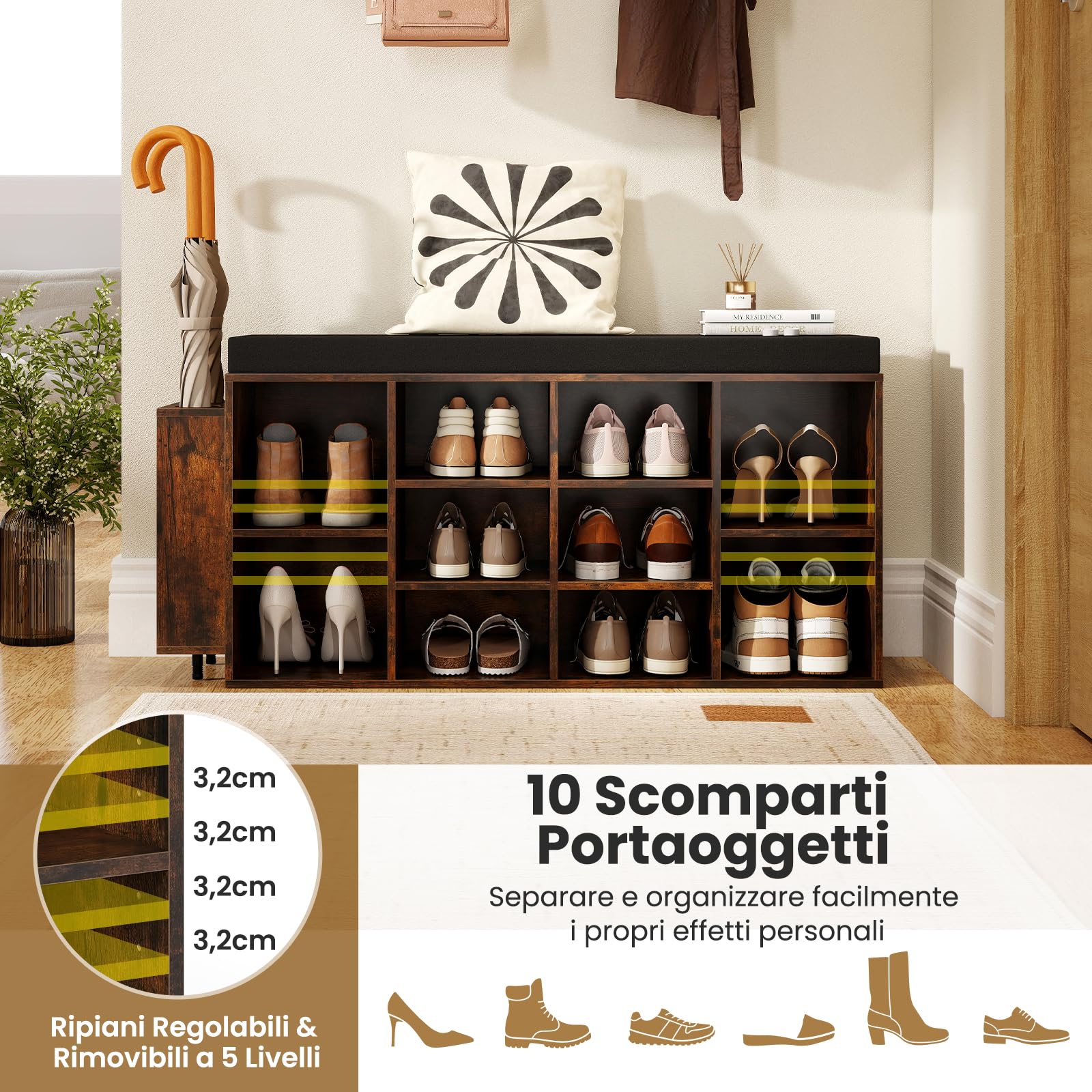 COSTWAY Panca Porta Scarpe con Portaombrelli, Scarpiera da Ingresso a 10 Scomparti con Seduta Imbottita, Ripiani Regolabili e Removibili per Corridoio, Soggiorno e Camera da Letto (Marrone)
