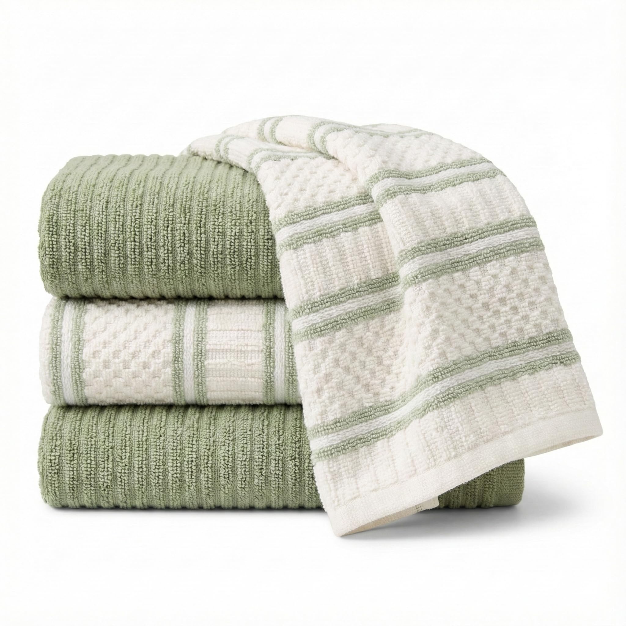 MosJos Kitchen Towels, Cotton Hand Towels, Sage Green and Cream Ribbed - Mini Weaved Stitched Set of 4 Absorbent Hand Drying Cloths, 18 x 28 Kitchen Linens