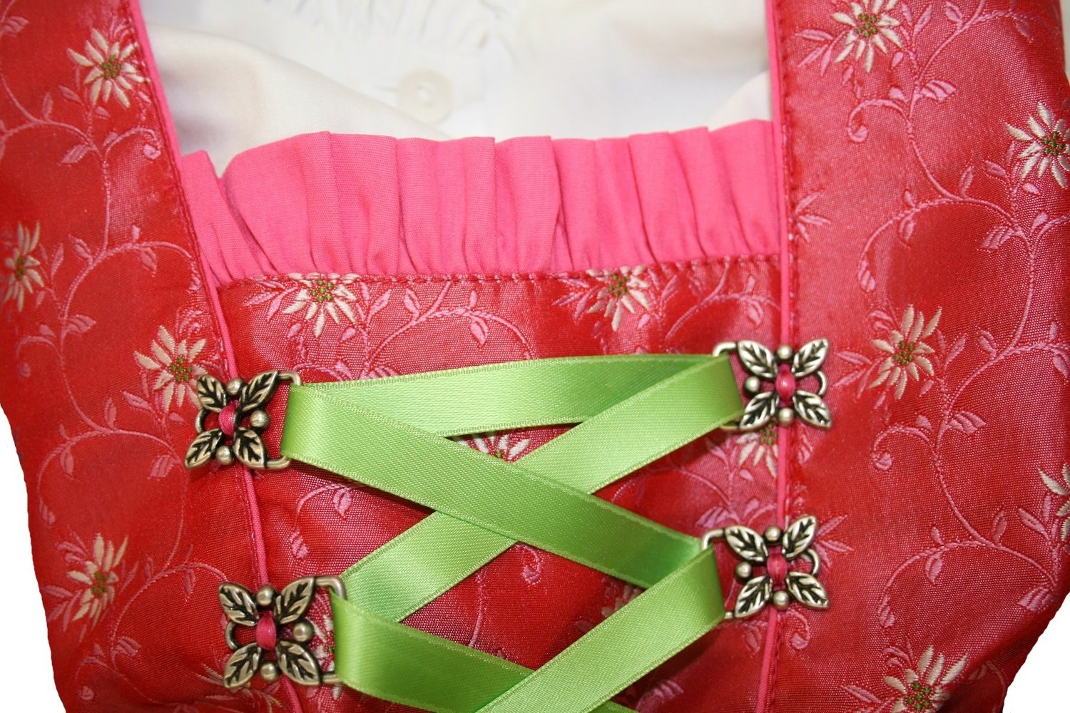 Odświętny dziecięcy Dirndl różowy z bluzką i zielonym fartuchem do stroju ludowego, rozm., Rosa, 92 cm