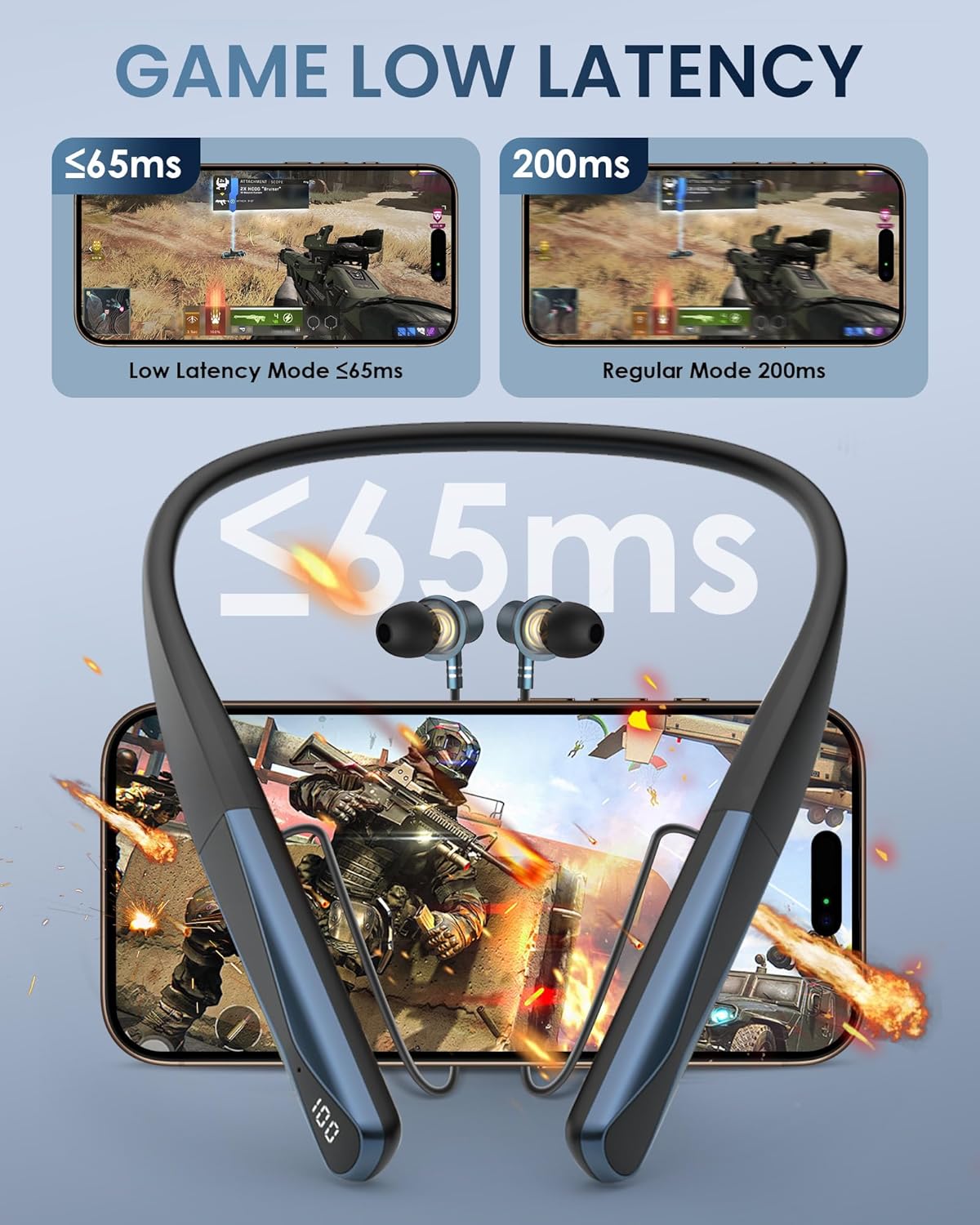 Neckband Bluetooth 5.4 Headphones, ENC Noise Cancelling, Wireless Stereo Neckband Earbuds with Microphone, LED Battery Display, Waterproof Neck Headphones in Ear Headset for Sport/Workout/Outdoor - Image 3